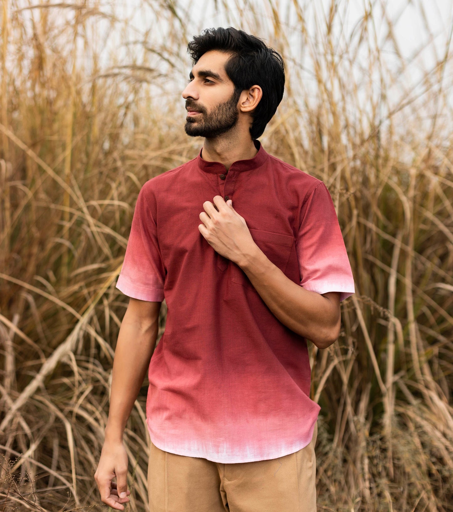 Red Ombre Shirt for Men at Kamakhyaa by Khara Kapas. This item is Lost & Found, Menswear, Mulmul, Natural, Ombre & Dyes, Printed Selfsame, Red, Regular Fit, Resort Wear, Shirts, Tops