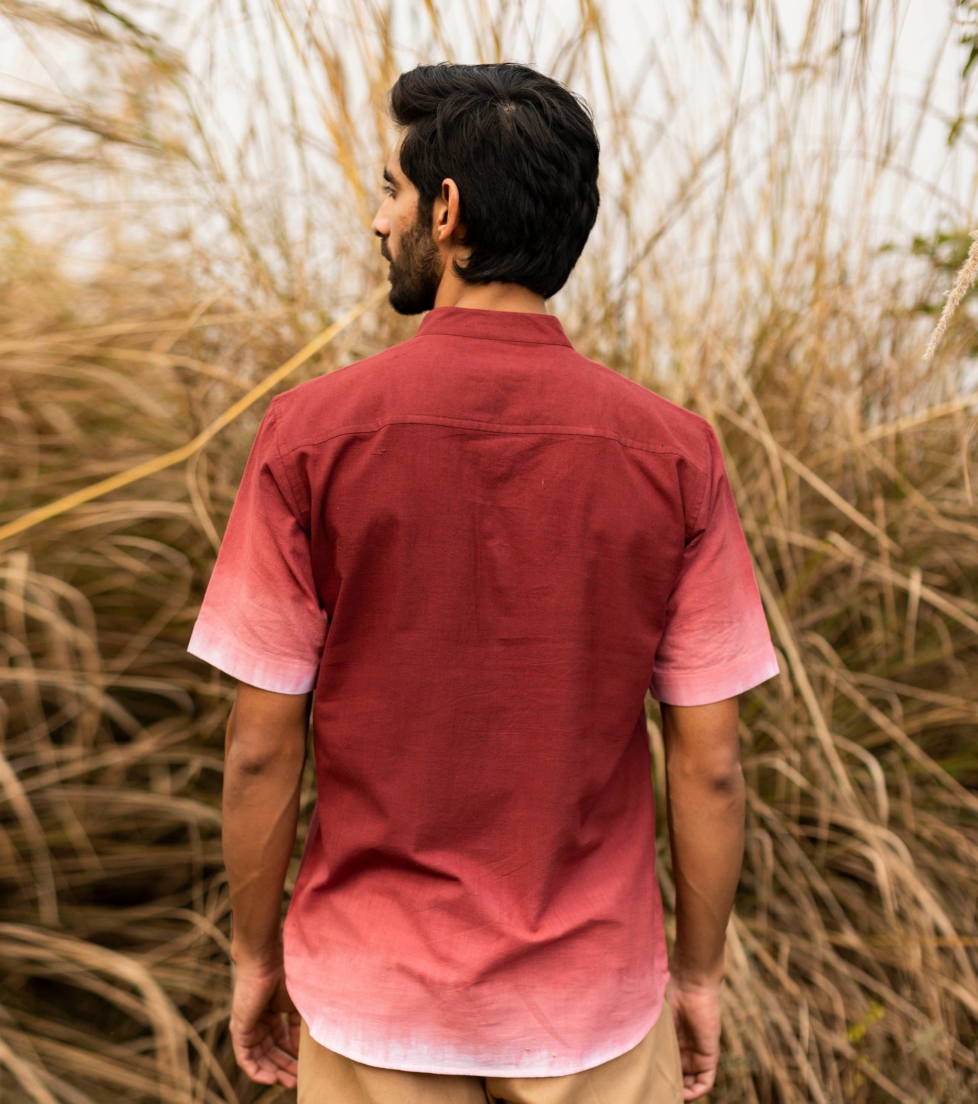 Red Ombre Shirt for Men by Khara Kapas with Mulmul, Natural, Ombre & Dyes, Printed Selfsame, Red, Regular Fit, Resort Wear, Shirts, Tops at Kamakhyaa for sustainable fashion