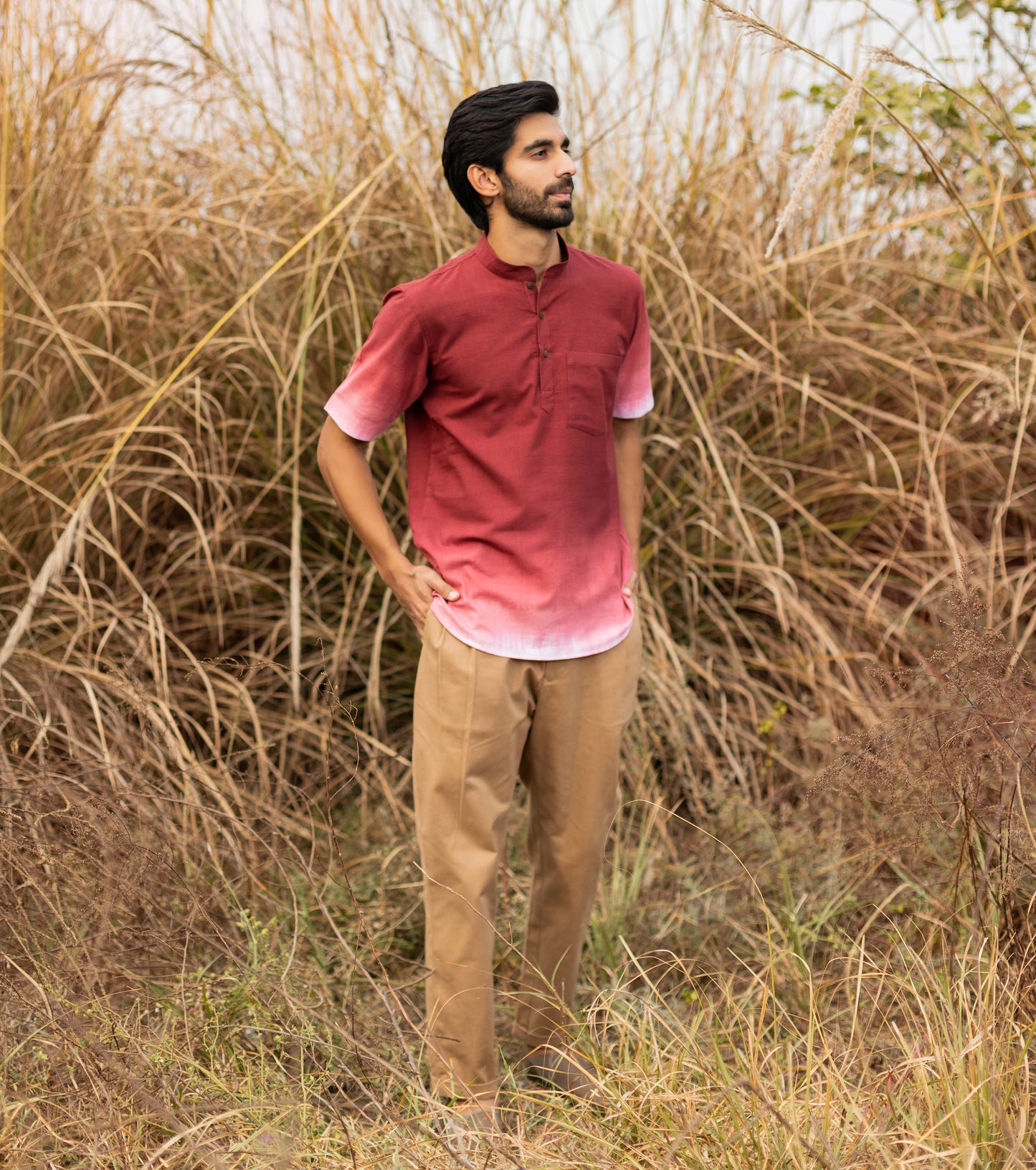 Red Ombre Shirt for Men by Khara Kapas with Mulmul, Natural, Ombre & Dyes, Printed Selfsame, Red, Regular Fit, Resort Wear, Shirts, Tops at Kamakhyaa for sustainable fashion