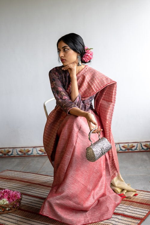 Red Pure Linen Saree Nyra by Aeka with Console, Dhupam, Dhupam by Aeka, Embroidered, Festive Wear, Indian Wear, Mother's Day Collection, Natural, Pure Linen, Red, Regular Fit, Saree Sets, Womenswear at Kamakhyaa for sustainable fashion