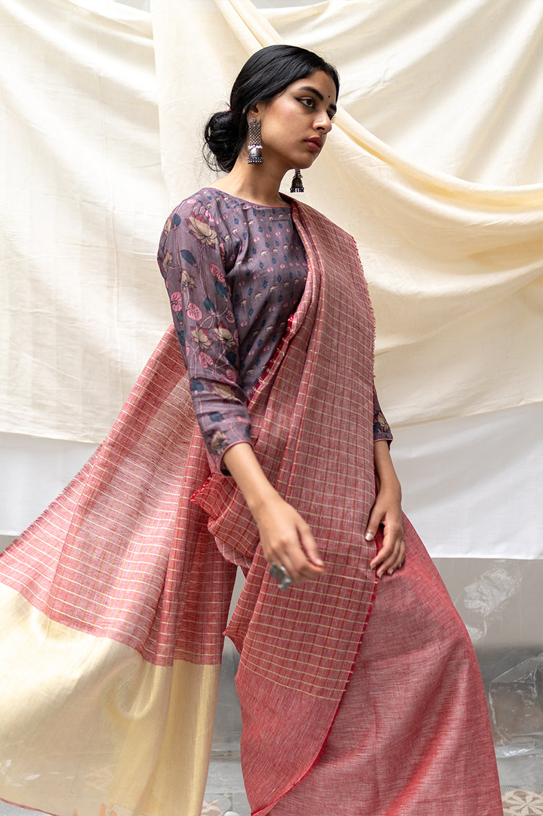 Red Pure Linen Saree Nyra by Aeka with Console, Dhupam, Dhupam by Aeka, Embroidered, Festive Wear, Indian Wear, Mother's Day Collection, Natural, Pure Linen, Red, Regular Fit, Saree Sets, Womenswear at Kamakhyaa for sustainable fashion