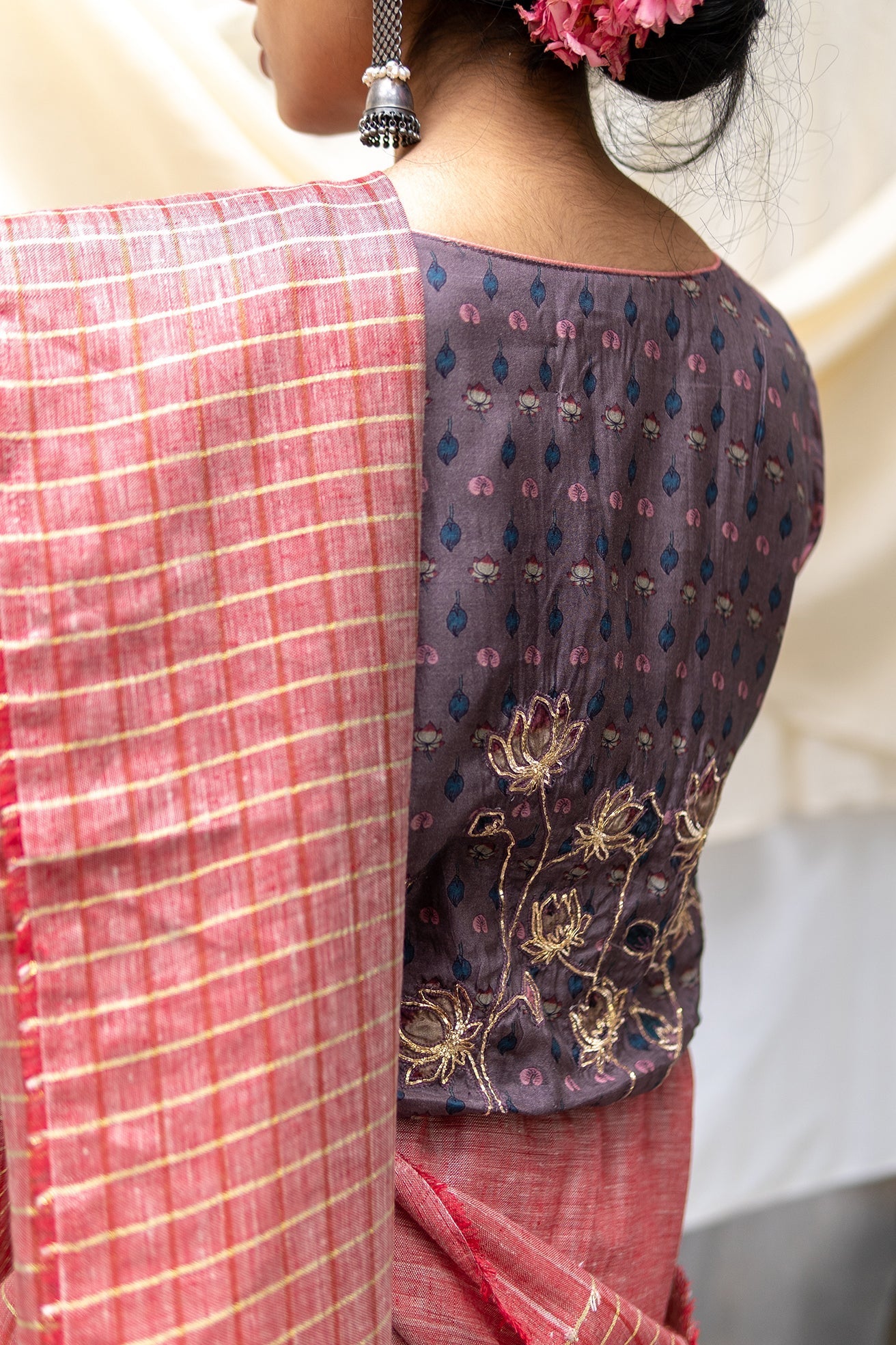 Red Pure Linen Saree Nyra by Aeka with Console, Dhupam, Dhupam by Aeka, Embroidered, Festive Wear, Indian Wear, Mother's Day Collection, Natural, Pure Linen, Red, Regular Fit, Saree Sets, Womenswear at Kamakhyaa for sustainable fashion