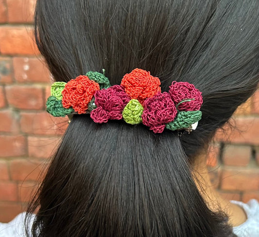 Red Rose Crochet Hair Clip by Ikriit'm with Cotton yarn, Crochet, Free Size, Hair Clip, Ikriit'm, Made from Natural Materials, Red, Stainless Steel, Women Led Designer at Kamakhyaa for sustainable fashion