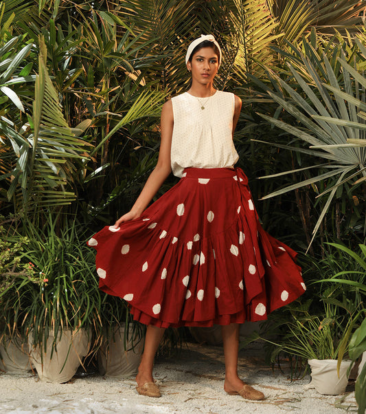 Red Skirt With Polka Dot by Khara Kapas with Another Day In Paradise by Khara Kapas, Fitted At Waist, Midi Skirts, Mul Cotton, Natural, Polka Dots, Prints, Red, Resort Wear, Skirts, Womenswear at Kamakhyaa for sustainable fashion
