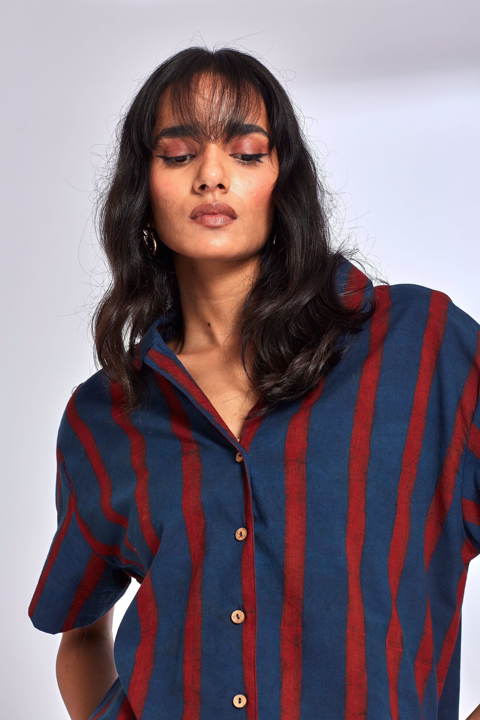 Red Striped Indigo Shirt by Hasttvam with Blue, Cotton, Eden by Hasttvam, Fusion Wear, Handmade by Artisans, Indigo, Natural Dye, Relaxed Fit, Responsible production and Vegan, Shirt, Stripes at Kamakhyaa for sustainable fashion