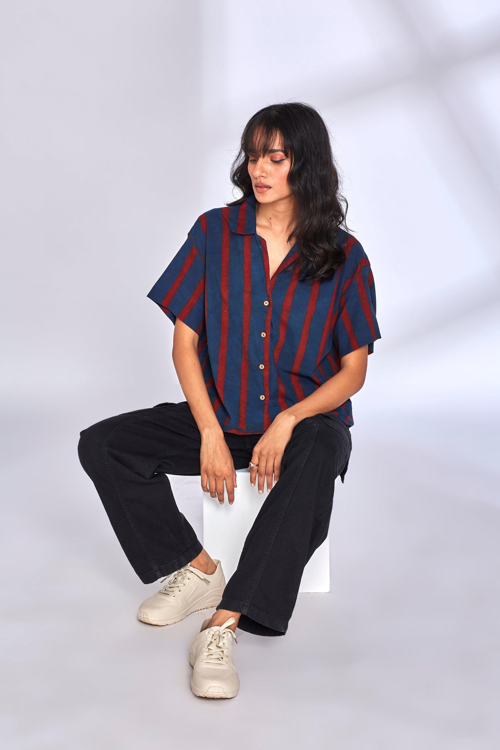 Red Striped Indigo Shirt by Hasttvam with Blue, Cotton, Eden by Hasttvam, Fusion Wear, Handmade by Artisans, Indigo, Natural Dye, Relaxed Fit, Responsible production and Vegan, Shirt, Stripes at Kamakhyaa for sustainable fashion