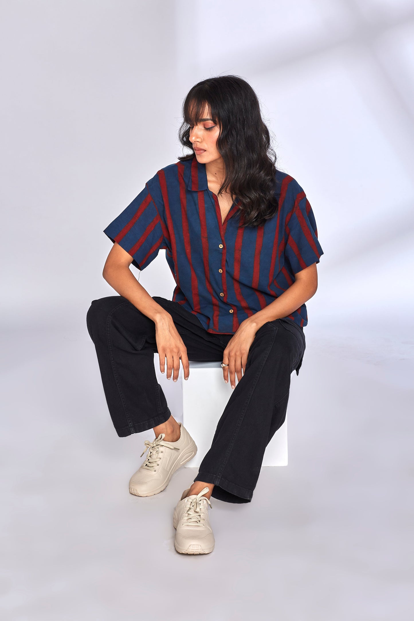 Red Striped Indigo Shirt by Hasttvam with Blue, Cotton, Eden by Hasttvam, Fusion Wear, Handmade by Artisans, Indigo, Natural Dye, Relaxed Fit, Responsible production and Vegan, Shirt, Stripes at Kamakhyaa for sustainable fashion