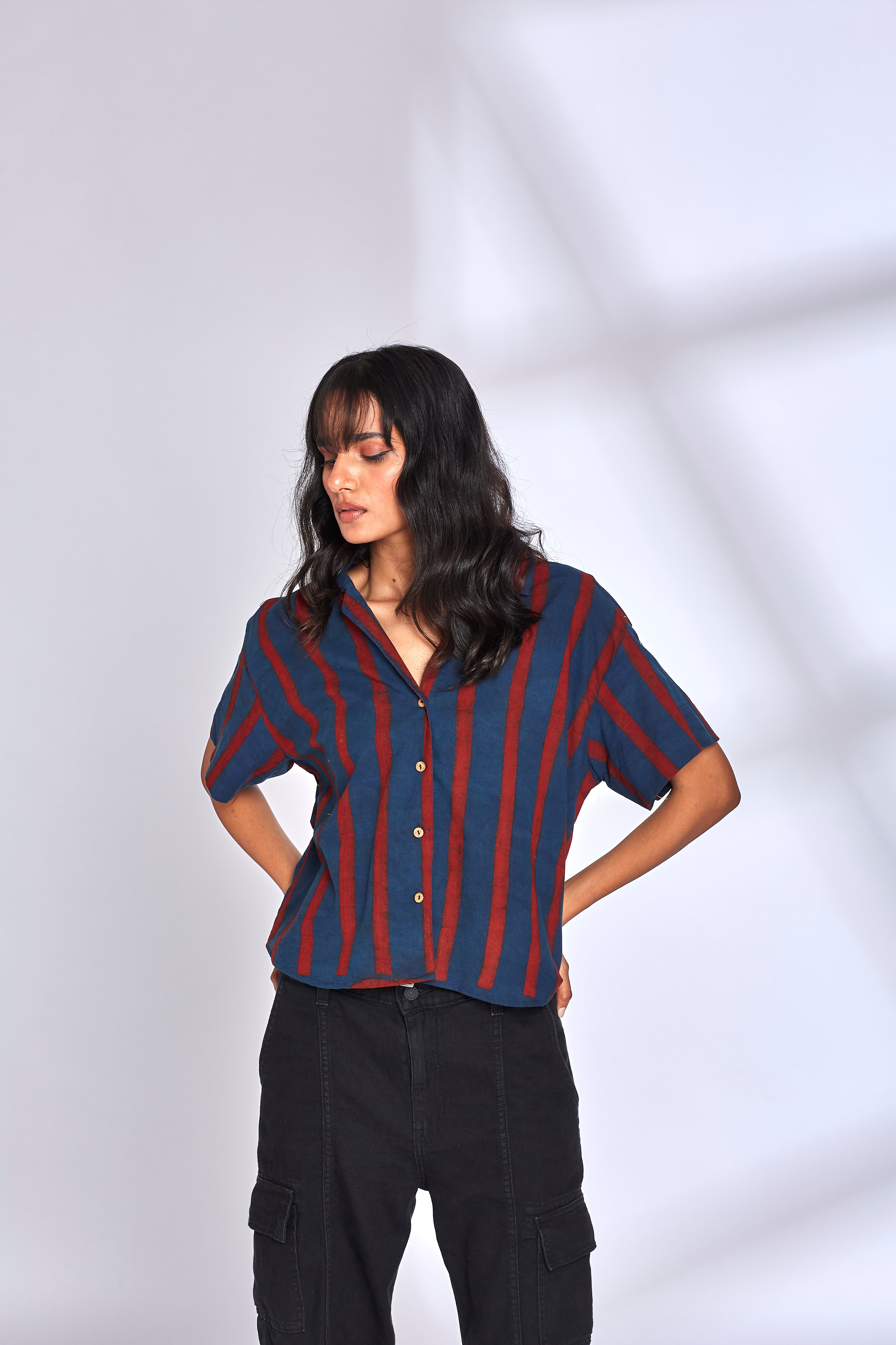 Red Striped Indigo Shirt by Hasttvam with Blue, Cotton, Eden by Hasttvam, Fusion Wear, Handmade by Artisans, Indigo, Natural Dye, Relaxed Fit, Responsible production and Vegan, Shirt, Stripes at Kamakhyaa for sustainable fashion
