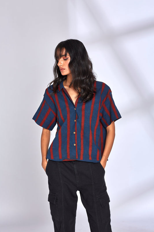 Red Striped Indigo Shirt by Hasttvam with Blue, Cotton, Eden by Hasttvam, Fusion Wear, Handmade by Artisans, Indigo, Natural Dye, Relaxed Fit, Responsible production and Vegan, Shirt, Stripes at Kamakhyaa for sustainable fashion