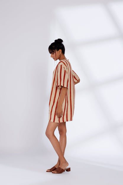 Red Striped Mini Dress by Hasttvam with Cotton, Eden by Hasttvam, Fusion Wear, Independence Day USA, Natural Dye, Red, Relaxed Fit, Responsible production and Vegan, Stripes, White at Kamakhyaa for sustainable fashion