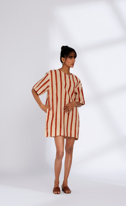 Red Striped Mini Dress by Hasttvam with Cotton, Eden by Hasttvam, Fusion Wear, Independence Day USA, Natural Dye, Red, Relaxed Fit, Responsible production and Vegan, Stripes, White at Kamakhyaa for sustainable fashion