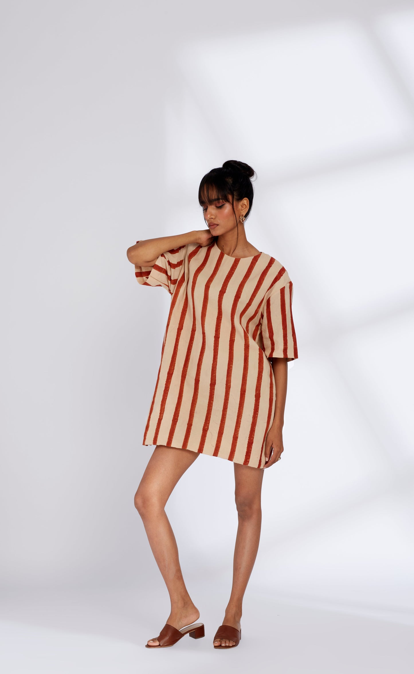 Red Striped Mini Dress by Hasttvam with Cotton, Eden by Hasttvam, Fusion Wear, Independence Day USA, Natural Dye, Red, Relaxed Fit, Responsible production and Vegan, Stripes, White at Kamakhyaa for sustainable fashion