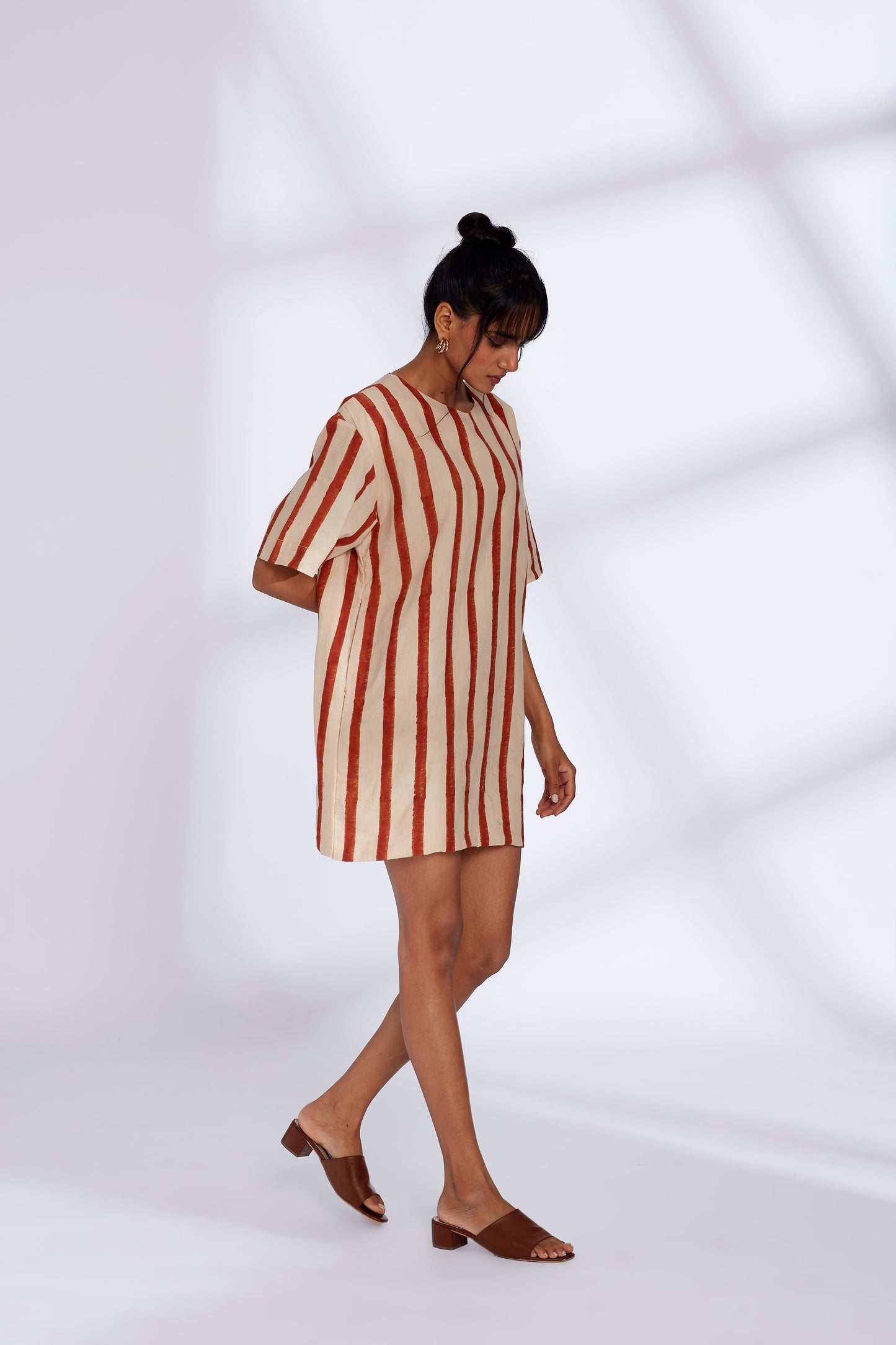 Red Striped Mini Dress by Hasttvam with Cotton, Eden by Hasttvam, Fusion Wear, Independence Day USA, Natural Dye, Red, Relaxed Fit, Responsible production and Vegan, Stripes, White at Kamakhyaa for sustainable fashion