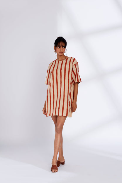 Red Striped Mini Dress by Hasttvam with Cotton, Eden by Hasttvam, Fusion Wear, Independence Day USA, Natural Dye, Red, Relaxed Fit, Responsible production and Vegan, Stripes, White at Kamakhyaa for sustainable fashion