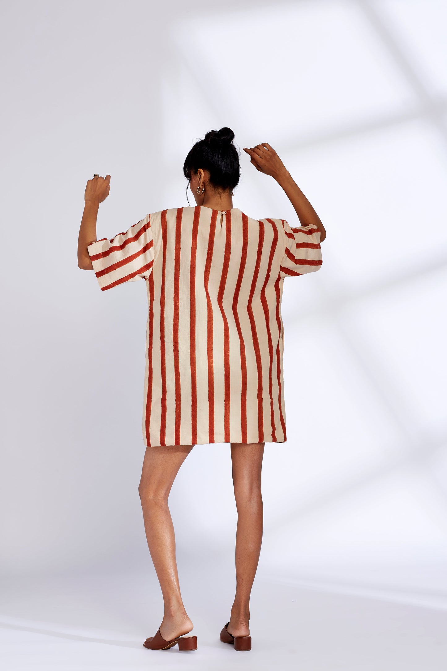 Red Striped Mini Dress by Hasttvam with Cotton, Eden by Hasttvam, Fusion Wear, Independence Day USA, Natural Dye, Red, Relaxed Fit, Responsible production and Vegan, Stripes, White at Kamakhyaa for sustainable fashion