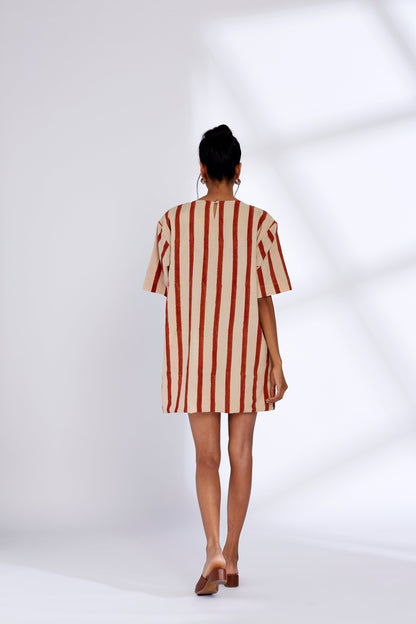 Red Striped Mini Dress by Hasttvam with Cotton, Eden by Hasttvam, Fusion Wear, Independence Day USA, Natural Dye, Red, Relaxed Fit, Responsible production and Vegan, Stripes, White at Kamakhyaa for sustainable fashion