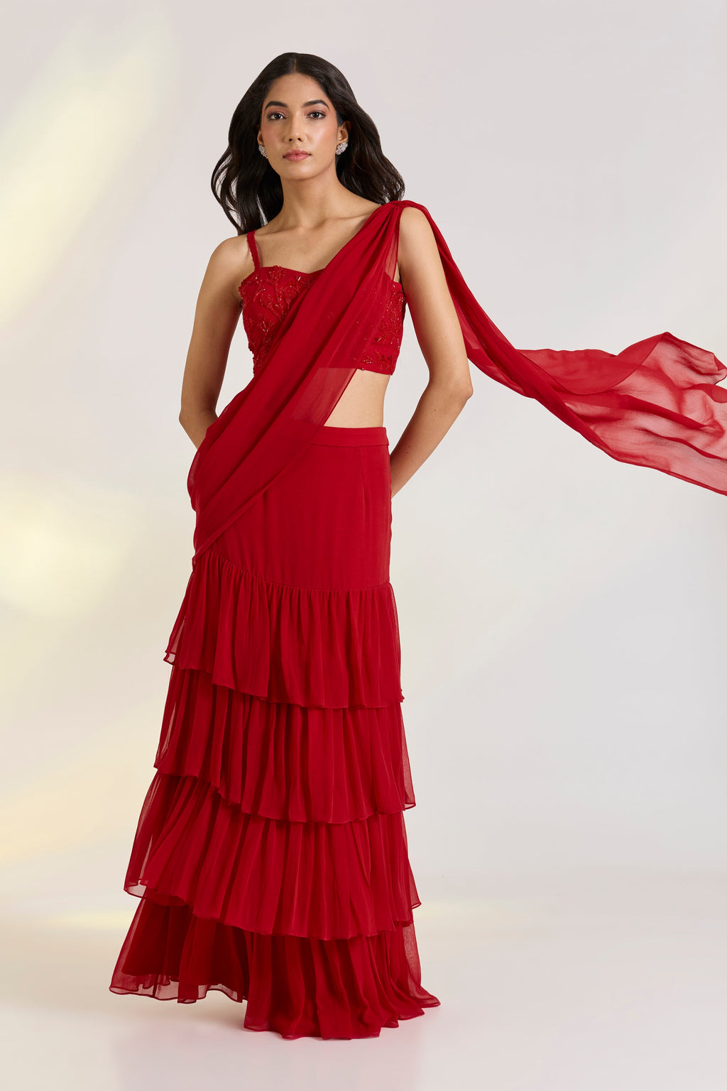 Georgette Red Embroidered Pre-Drape Saree by Ewoke with Bemberg, draped saree, Georgette, lehengas, Nostalgia's Thread by Ewoke, Red, sustainable fashion at Kamakhyaa for sustainable fashion