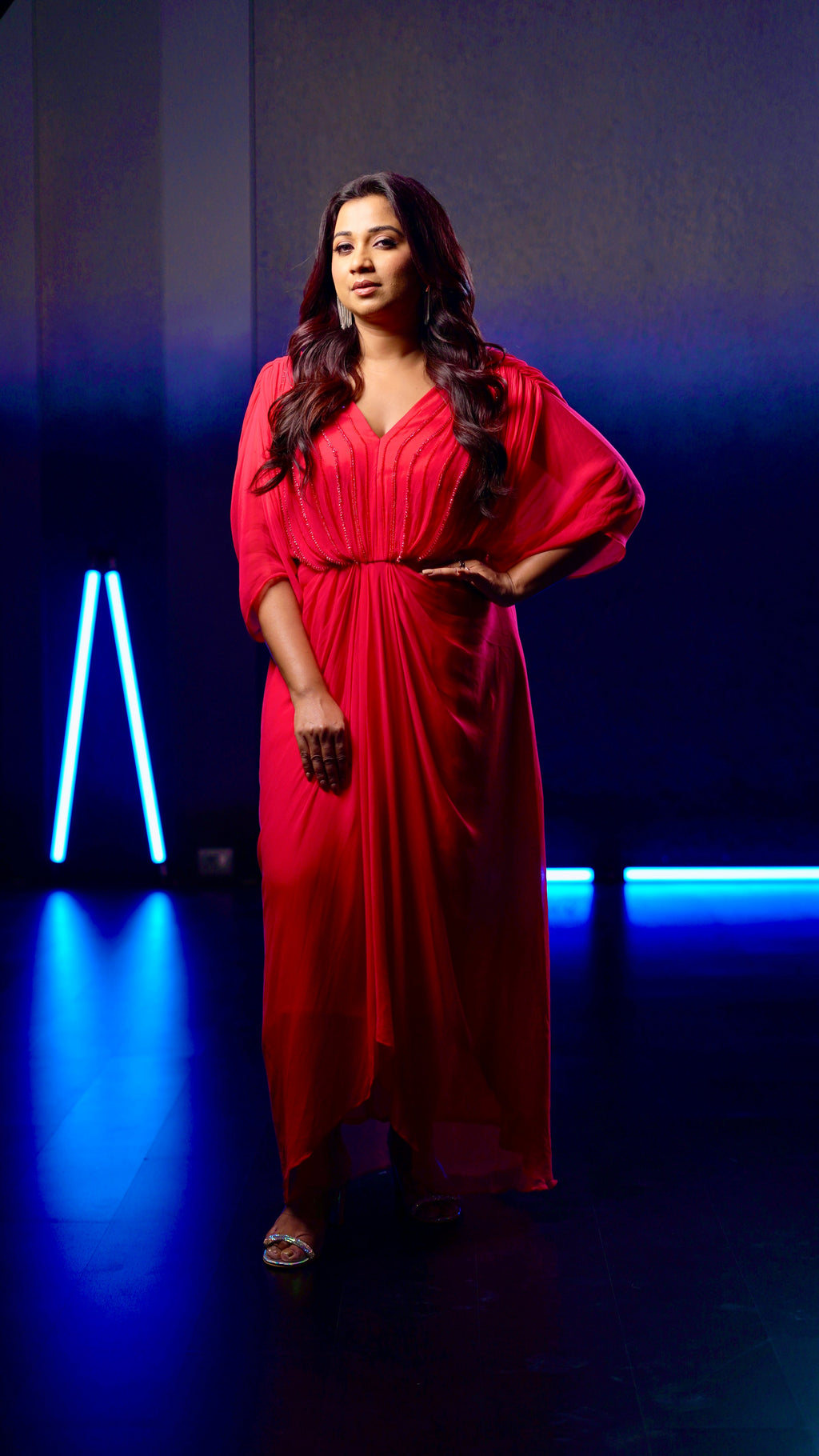 Georgette Red Drape Dress by Ewoke with Draped Dress, Formal wear, Georgette, Nostalgia's Thread by Ewoke, Red, red dress, sustainable fashion at Kamakhyaa for sustainable fashion