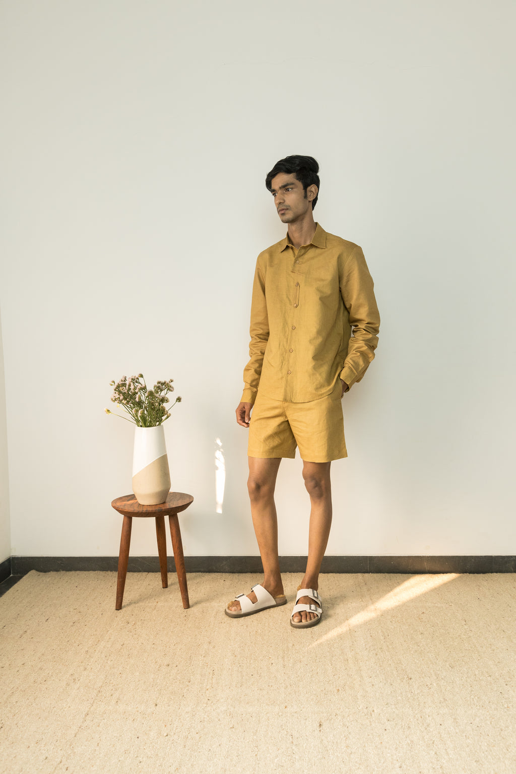 Yellow Cotton Shirt by Anushé Pirani with Best Selling, Birthday Collection, Casual Wear, Console Collection List, Cotton, Cotton Hemp, For Him, Handwoven, Hemp, Men Shirts, Menswear, Regular Fit, Review September 2025, Shibumi by Anushe Pirani, Shirts, Solids, Tops, Yellow at in.kamakhyaa.com for sustainable fashion