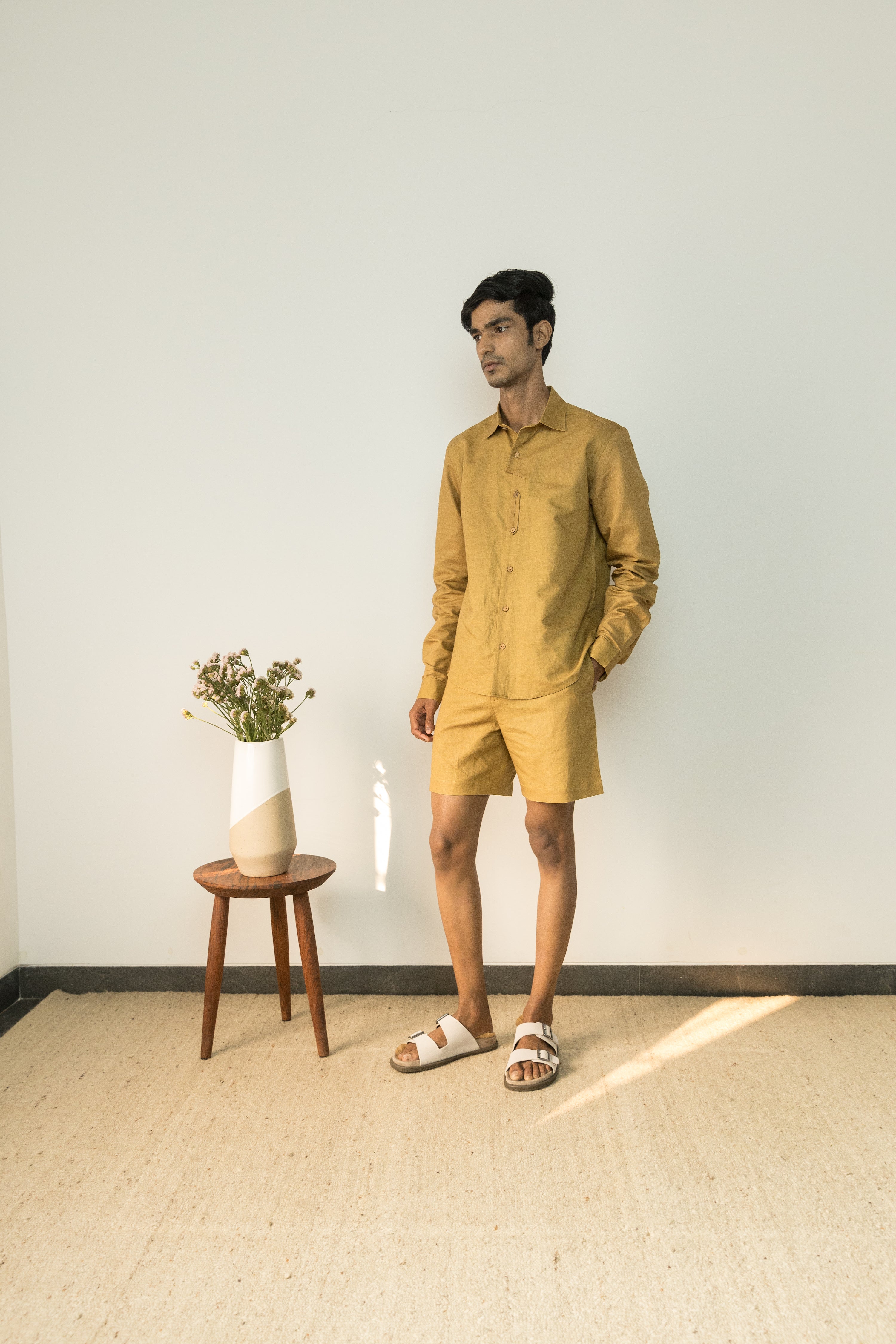 Yellow Cotton Shirt by Anushé Pirani with Best Selling, Birthday Collection, Casual Wear, Console Collection List, Cotton, Cotton Hemp, For Him, Handwoven, Hemp, Men Shirts, Menswear, Regular Fit, Review September 2025, Shibumi by Anushe Pirani, Shirts, Solids, Tops, Yellow at in.kamakhyaa.com for sustainable fashion