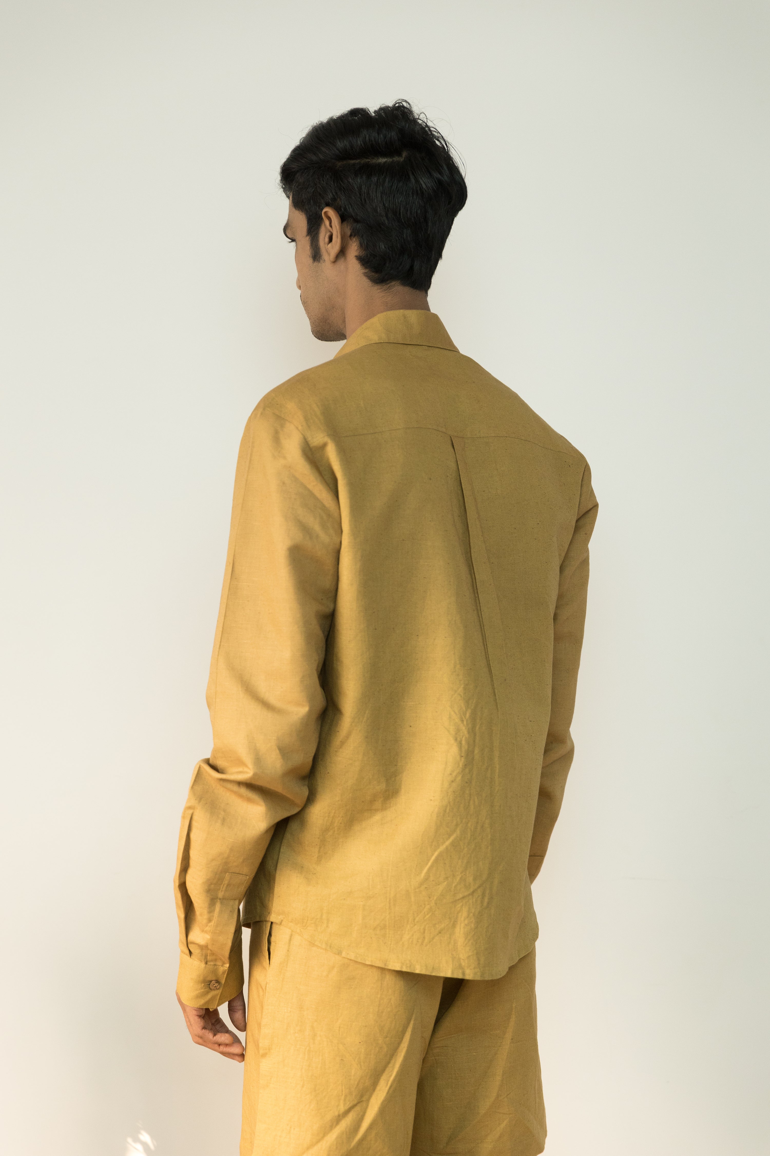 Yellow Cotton Shirt by Anushé Pirani with Best Selling, Birthday Collection, Casual Wear, Console Collection List, Cotton, Cotton Hemp, For Him, Handwoven, Hemp, Men Shirts, Menswear, Regular Fit, Review September 2025, Shibumi by Anushe Pirani, Shirts, Solids, Tops, Yellow at in.kamakhyaa.com for sustainable fashion