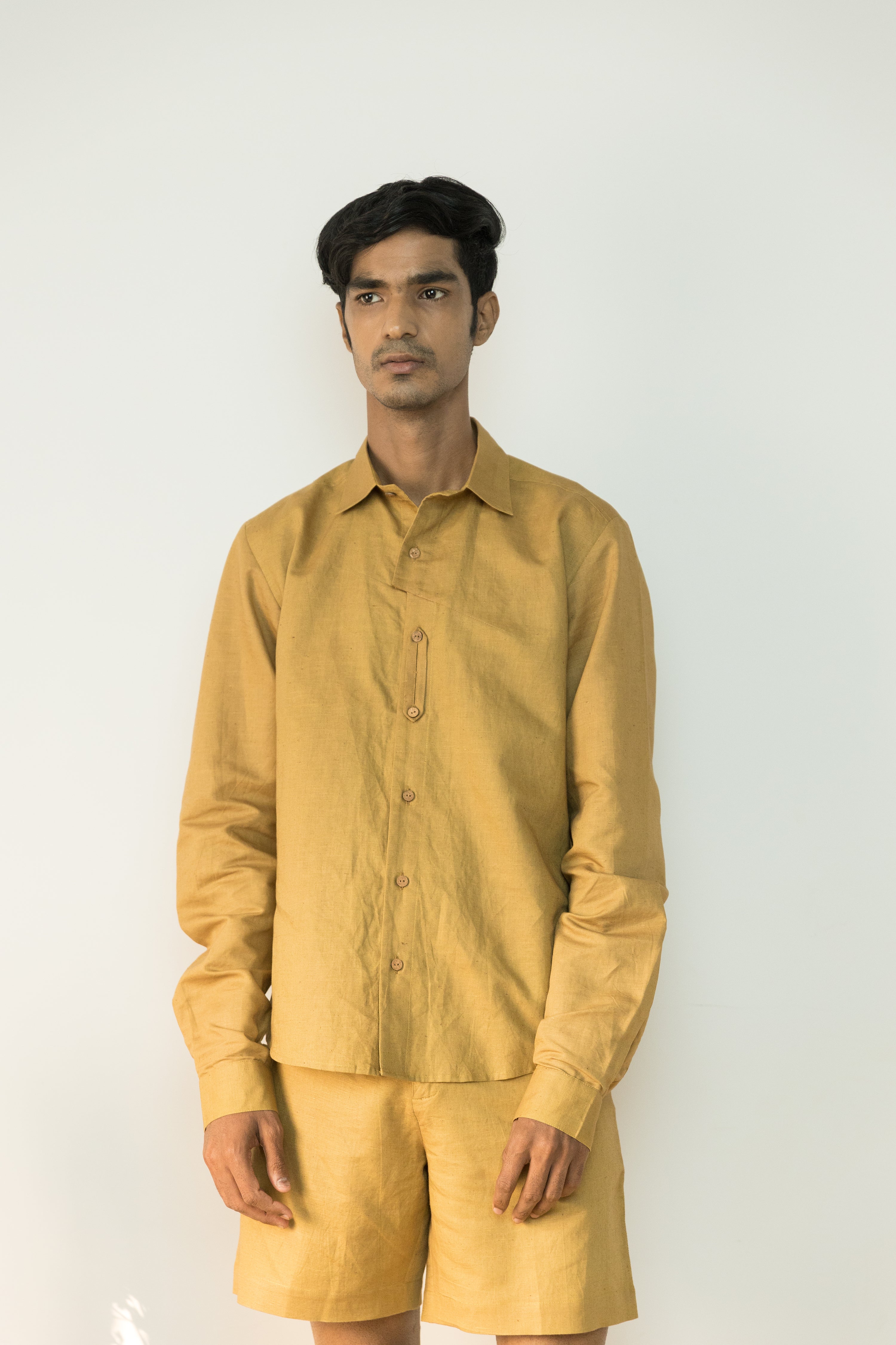 Yellow Cotton Shirt by Anushé Pirani with Best Selling, Birthday Collection, Casual Wear, Console Collection List, Cotton, Cotton Hemp, For Him, Handwoven, Hemp, Men Shirts, Menswear, Regular Fit, Review September 2025, Shibumi by Anushe Pirani, Shirts, Solids, Tops, Yellow at in.kamakhyaa.com for sustainable fashion