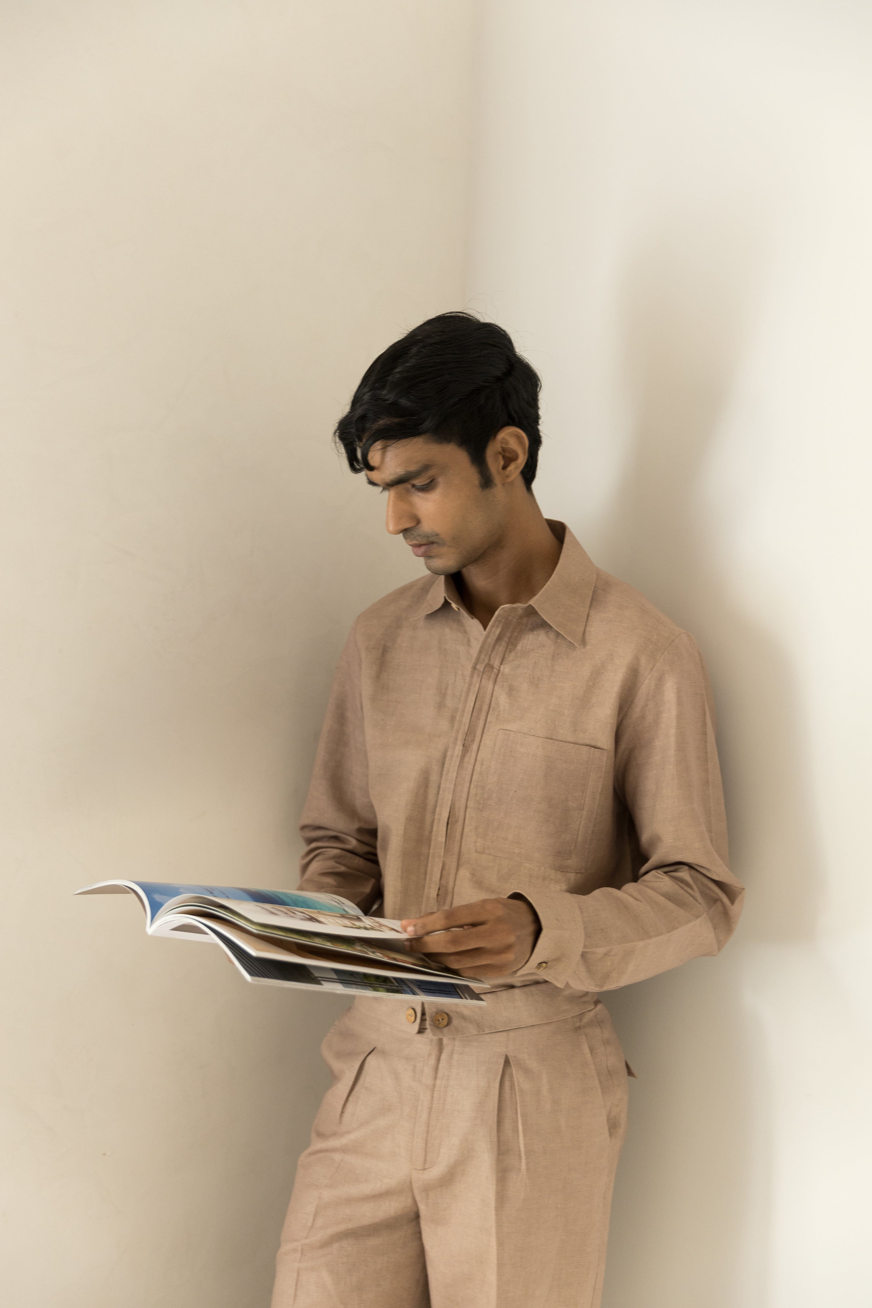 Sunset Rose Cotton Shirt by Anushé Pirani with Beige, Casual Wear, Console Collection List, Cotton, Cotton Hemp, For Him, Handwoven, Hemp, Men Shirts, Menswear, Regular Fit, Review September 2025, Shibumi by Anushe Pirani, Shirts, Solids, Tops at in.kamakhyaa.com for sustainable fashion