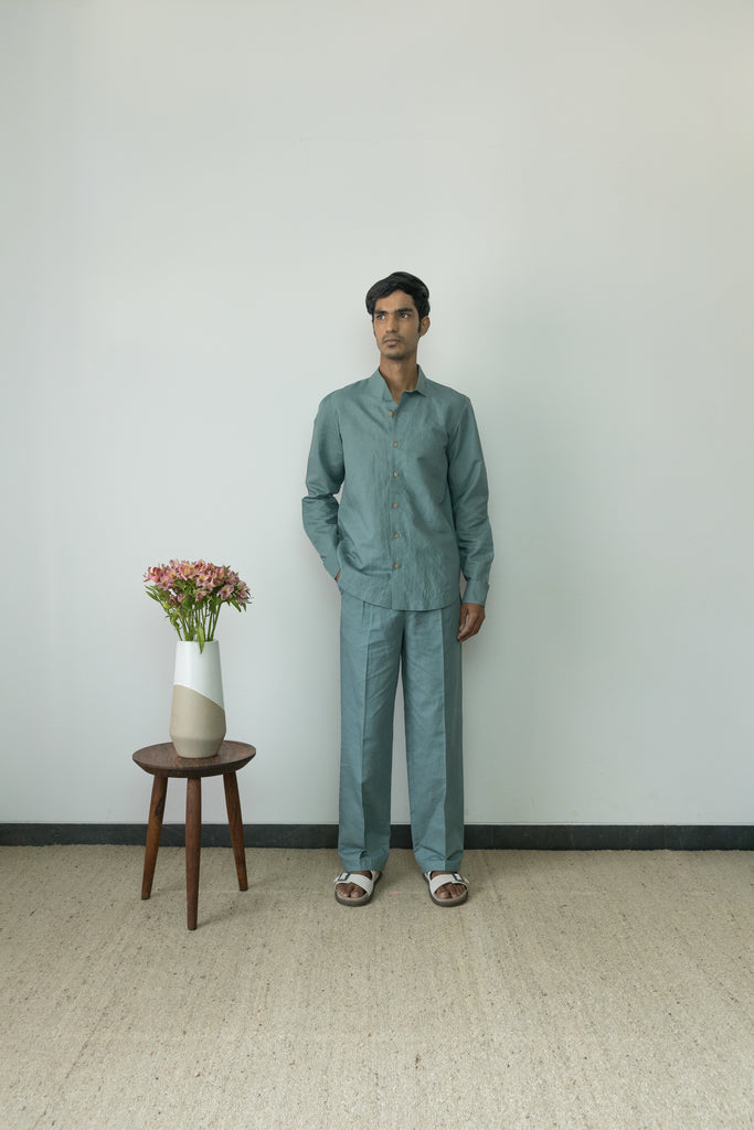Ocean Blue Casual Shirt by Anushé Pirani with Beige, Casual Wear, Console Collection List, Cotton, Cotton Hemp, Handwoven, Hemp, Relaxed Fit, Review September 2025, Shibumi by Anushe Pirani, Shirt, Shirts, Solids, Womenswear at in.kamakhyaa.com for sustainable fashion
