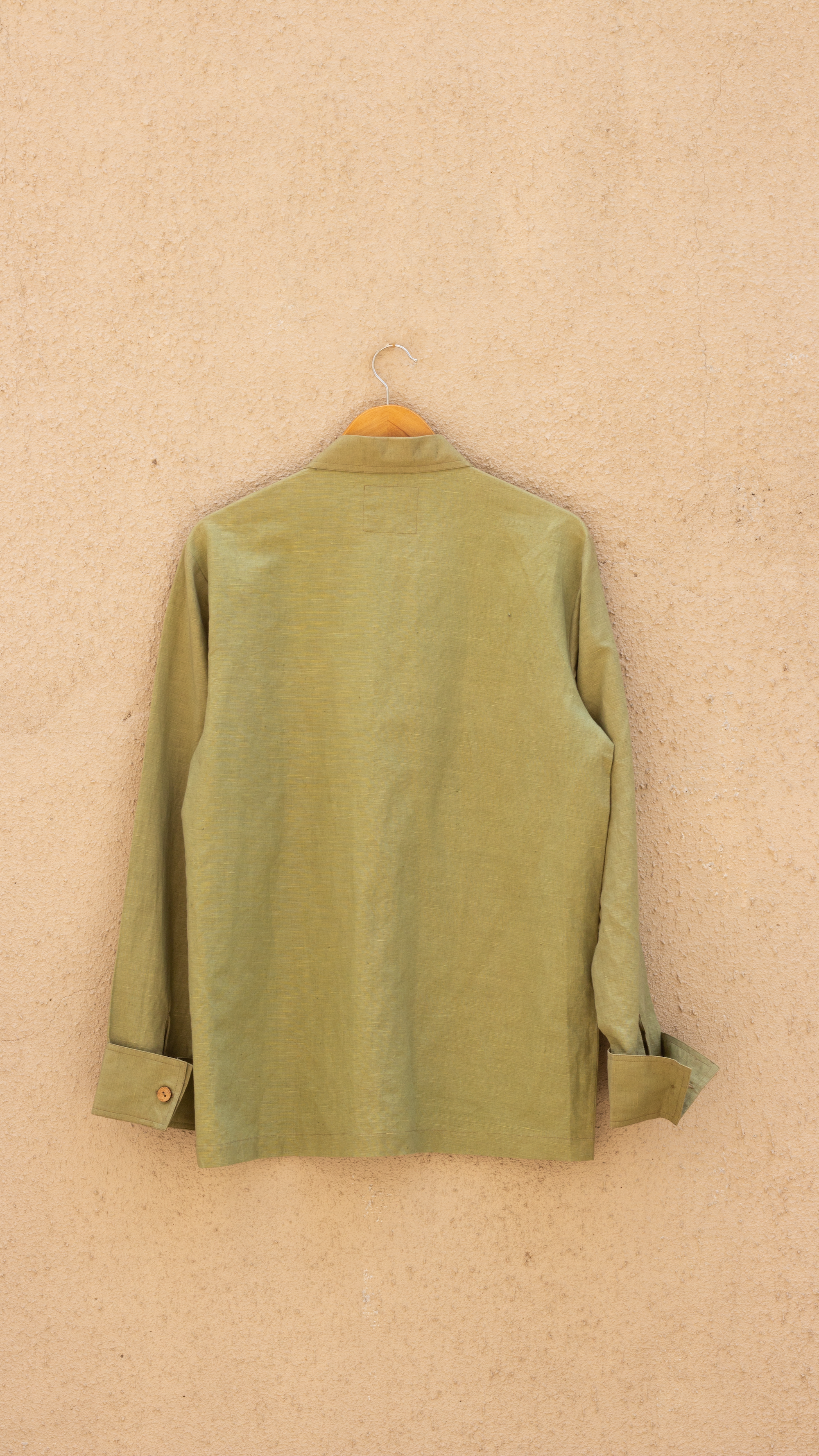 Green Utility Shirt by Anushé Pirani with Birthday Collection, Casual Wear, Console Collection List, Cotton, Cotton Hemp, Green, Handwoven, Hemp, Office Formals, Overlays, Relaxed Fit, Review September 2025, Shibumi by Anushe Pirani, Shirt, Shirts, Solids, Womenswear at in.kamakhyaa.com for sustainable fashion