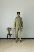 Green Utility Shirt by Anushé Pirani with Birthday Collection, Casual Wear, Console Collection List, Cotton, Cotton Hemp, Green, Handwoven, Hemp, Office Formals, Overlays, Relaxed Fit, Review September 2025, Shibumi by Anushe Pirani, Shirt, Shirts, Solids, Womenswear at in.kamakhyaa.com for sustainable fashion