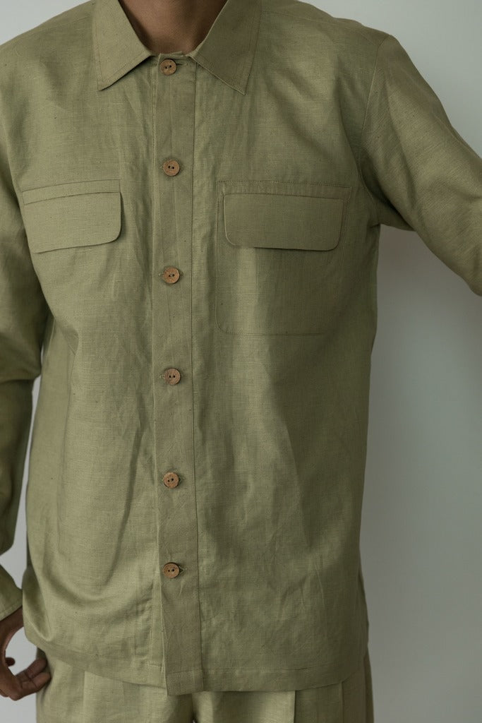 Green Utility Shirt by Anushé Pirani with Birthday Collection, Casual Wear, Console Collection List, Cotton, Cotton Hemp, Green, Handwoven, Hemp, Office Formals, Overlays, Relaxed Fit, Review September 2025, Shibumi by Anushe Pirani, Shirt, Shirts, Solids, Womenswear at in.kamakhyaa.com for sustainable fashion