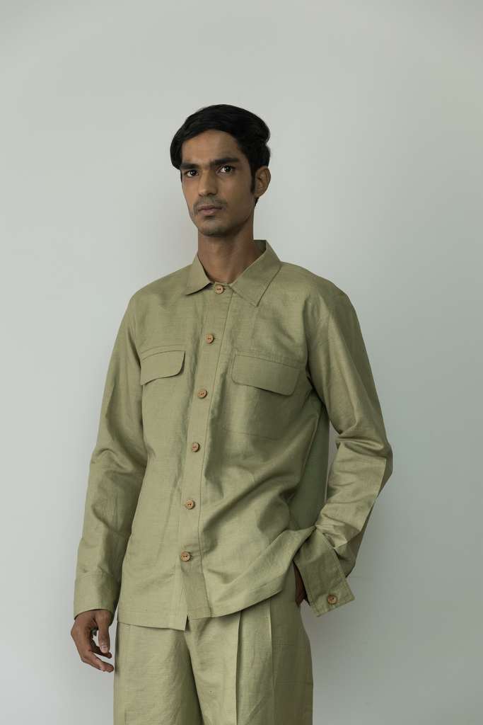 Green Utility Shirt by Anushé Pirani with Birthday Collection, Casual Wear, Console Collection List, Cotton, Cotton Hemp, Green, Handwoven, Hemp, Office Formals, Overlays, Relaxed Fit, Review September 2025, Shibumi by Anushe Pirani, Shirt, Shirts, Solids, Womenswear at in.kamakhyaa.com for sustainable fashion