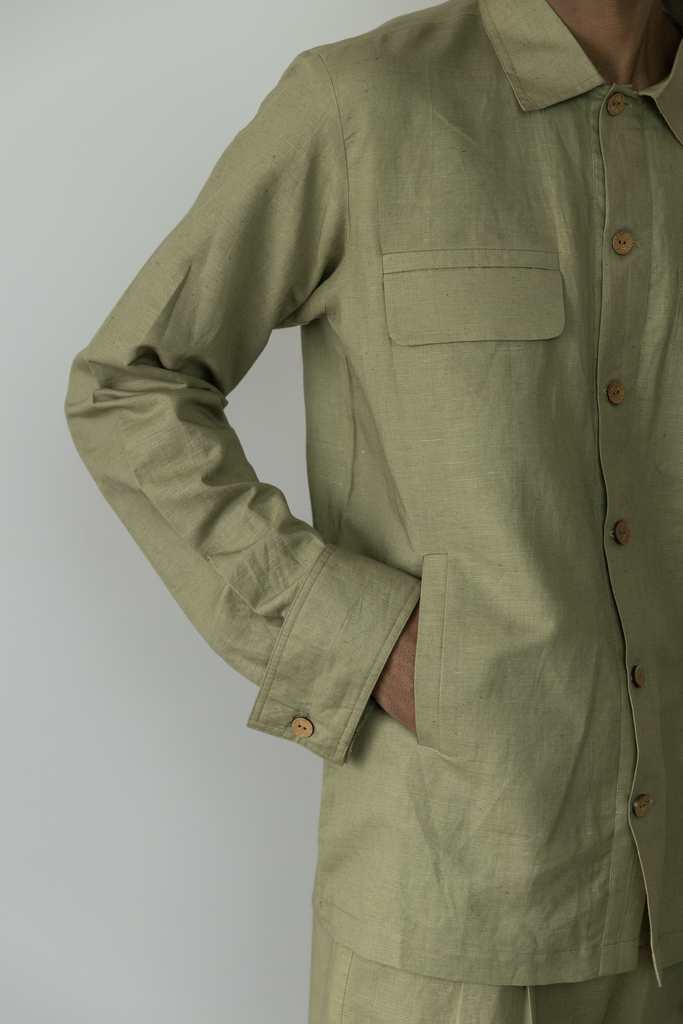 Green Utility Shirt by Anushé Pirani with Birthday Collection, Casual Wear, Console Collection List, Cotton, Cotton Hemp, Green, Handwoven, Hemp, Office Formals, Overlays, Relaxed Fit, Review September 2025, Shibumi by Anushe Pirani, Shirt, Shirts, Solids, Womenswear at in.kamakhyaa.com for sustainable fashion