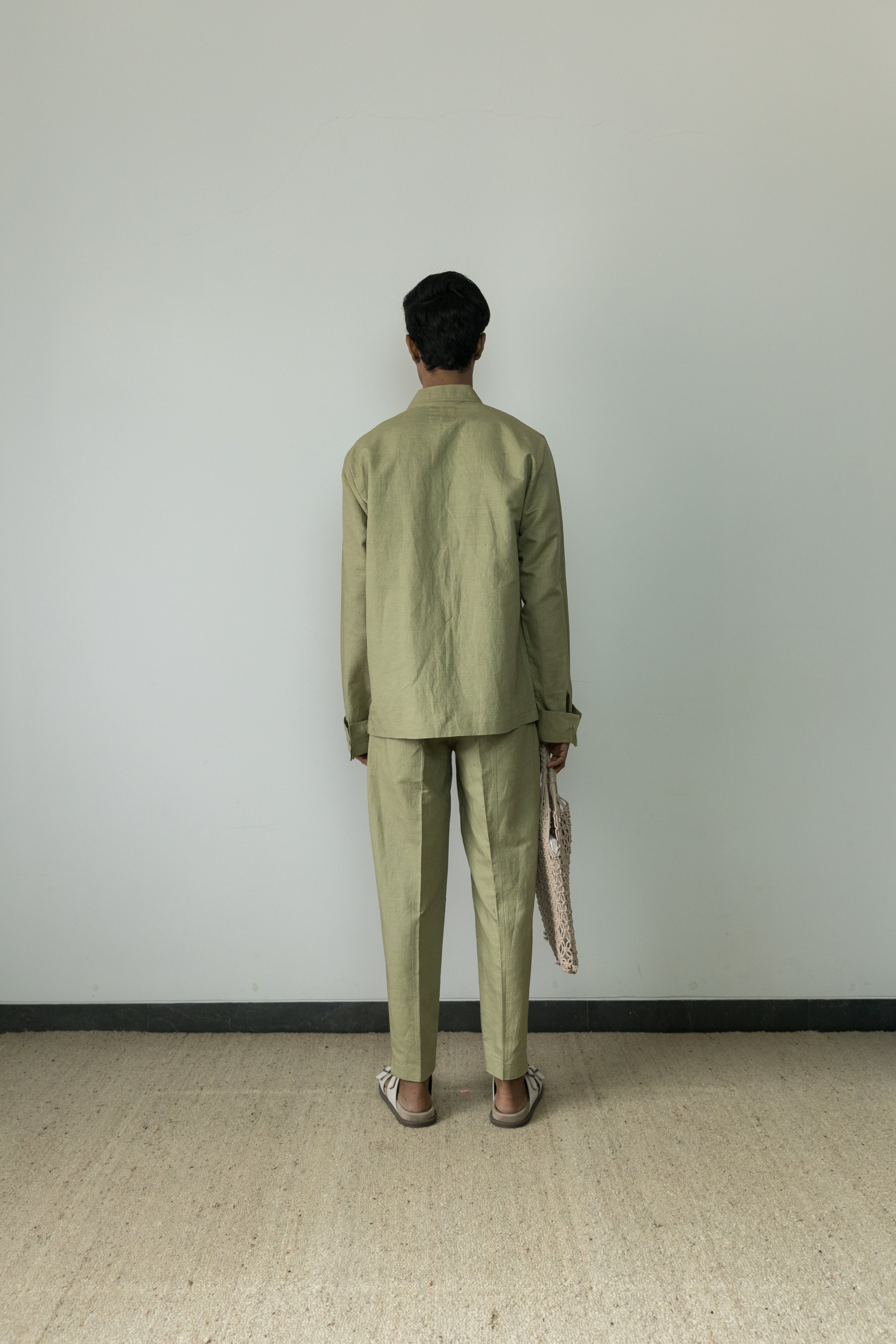 Moss Green Casual Pants by Anushé Pirani with Beige, Birthday Collection, Casual Wear, Console Collection List, Cotton, Cotton Hemp, For Him, Handwoven, Hemp, Men Bottoms, Men Pants, Menswear, Relaxed Fit, Review September 2025, Shibumi by Anushe Pirani, Solids at in.kamakhyaa.com for sustainable fashion