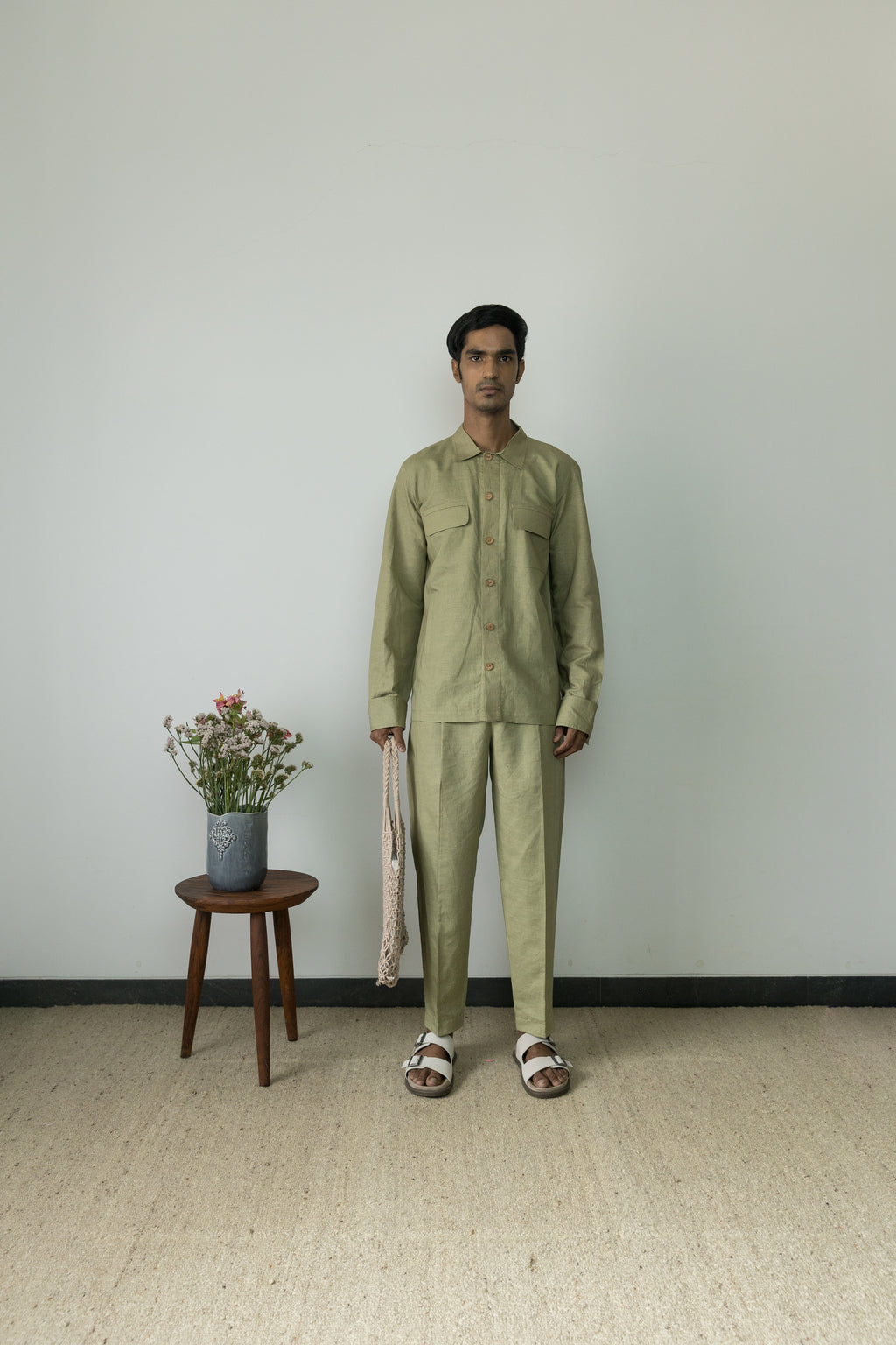 Moss Green Casual Pants by Anushé Pirani with Beige, Birthday Collection, Casual Wear, Console Collection List, Cotton, Cotton Hemp, For Him, Handwoven, Hemp, Men Bottoms, Men Pants, Menswear, Relaxed Fit, Review September 2025, Shibumi by Anushe Pirani, Solids at in.kamakhyaa.com for sustainable fashion