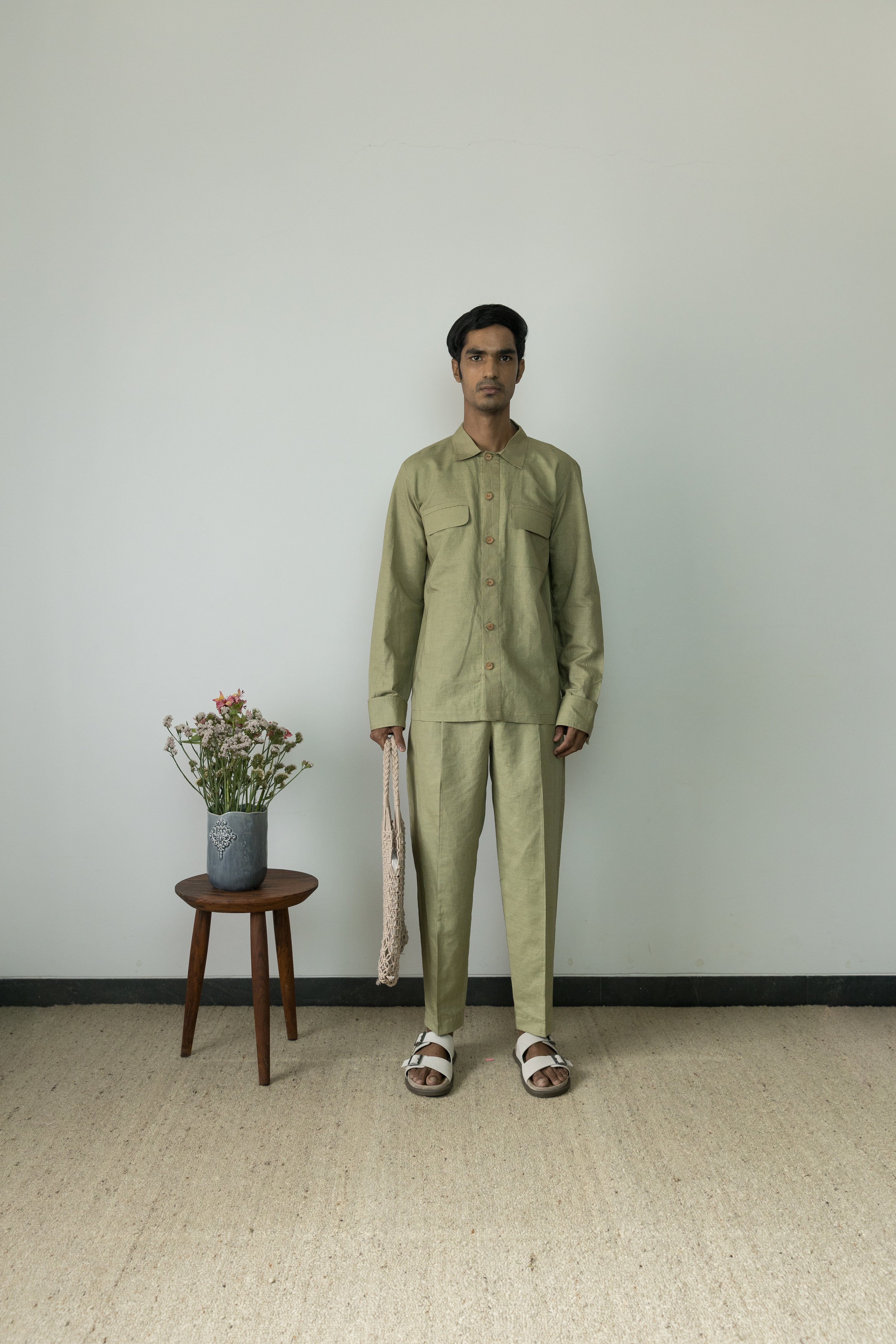 Moss Green Casual Pants by Anushé Pirani with Beige, Birthday Collection, Casual Wear, Console Collection List, Cotton, Cotton Hemp, For Him, Handwoven, Hemp, Men Bottoms, Men Pants, Menswear, Relaxed Fit, Review September 2025, Shibumi by Anushe Pirani, Solids at in.kamakhyaa.com for sustainable fashion