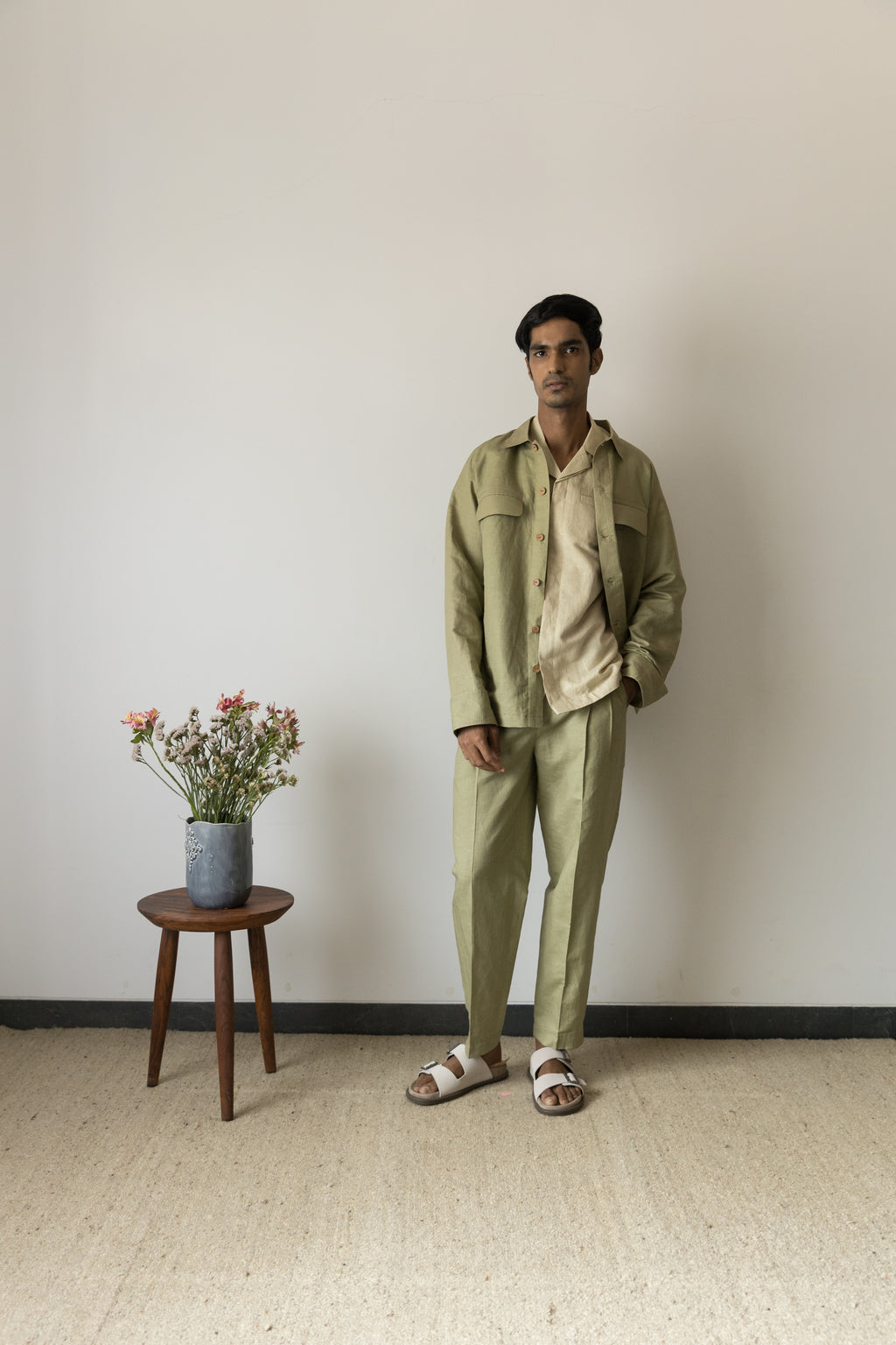 Moss Green Casual Pants by Anushé Pirani with Beige, Birthday Collection, Casual Wear, Console Collection List, Cotton, Cotton Hemp, For Him, Handwoven, Hemp, Men Bottoms, Men Pants, Menswear, Relaxed Fit, Review September 2025, Shibumi by Anushe Pirani, Solids at in.kamakhyaa.com for sustainable fashion