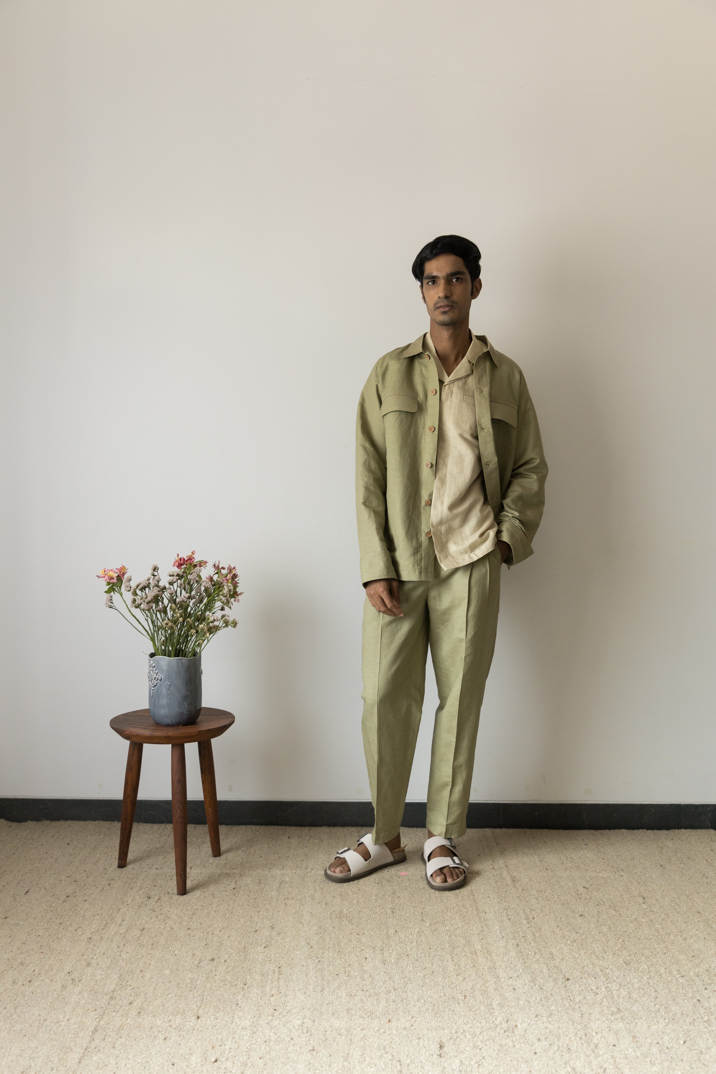 Moss Green Casual Pants by Anushé Pirani with Beige, Birthday Collection, Casual Wear, Console Collection List, Cotton, Cotton Hemp, For Him, Handwoven, Hemp, Men Bottoms, Men Pants, Menswear, Relaxed Fit, Review September 2025, Shibumi by Anushe Pirani, Solids at in.kamakhyaa.com for sustainable fashion