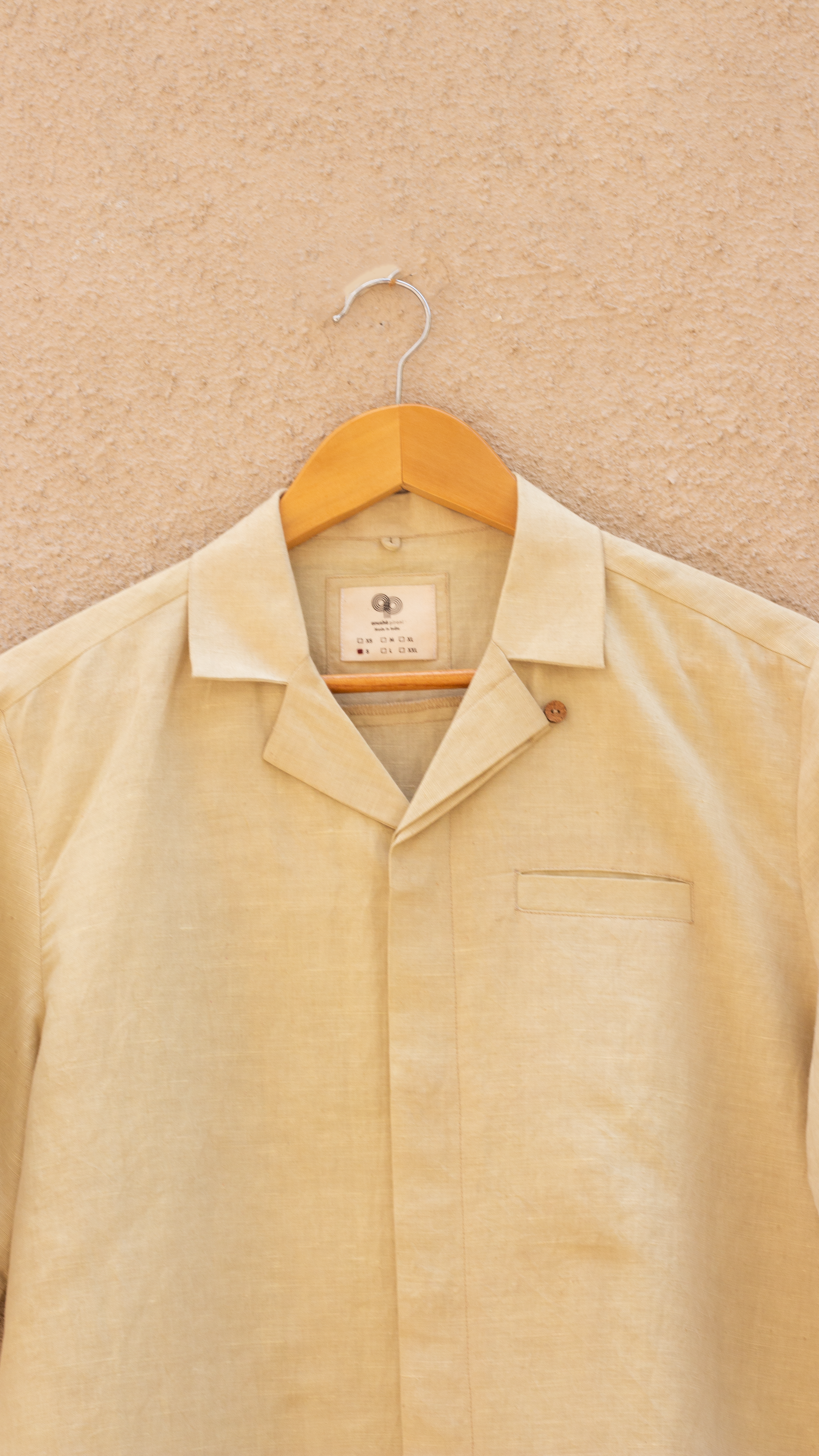 Beige Cotton Shirt by Anushé Pirani with Beige, Birthday Collection, Casual Wear, Console Collection List, Cotton, Cotton Hemp, For Him, Handwoven, Hemp, Men Shirts, Menswear, Regular Fit, Review September 2025, Shibumi by Anushe Pirani, Shirts, Solids, Tops at in.kamakhyaa.com for sustainable fashion