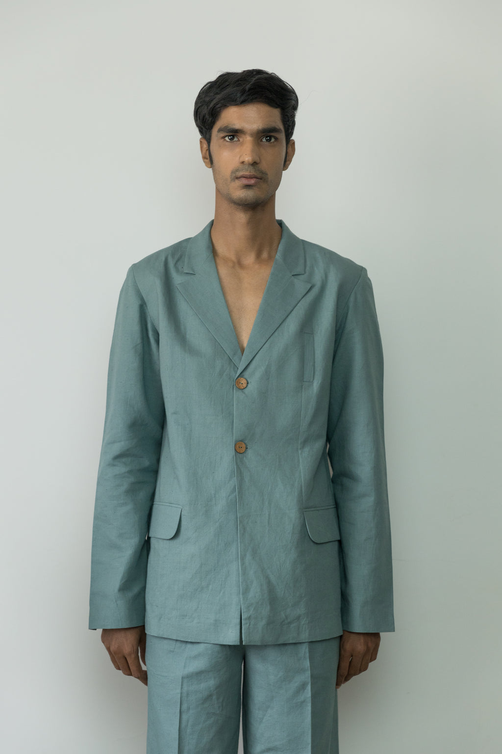Blue Blazer by Anushé Pirani with Blazers, Blue, Casual Wear, Console Collection List, Cotton, Cotton Hemp, Handwoven, Hemp, Men Blazers, Men Overlays, Menswear, Regular Fit, Review September 2025, Shibumi by Anushe Pirani, Solids, Winter Products at in.kamakhyaa.com for sustainable fashion