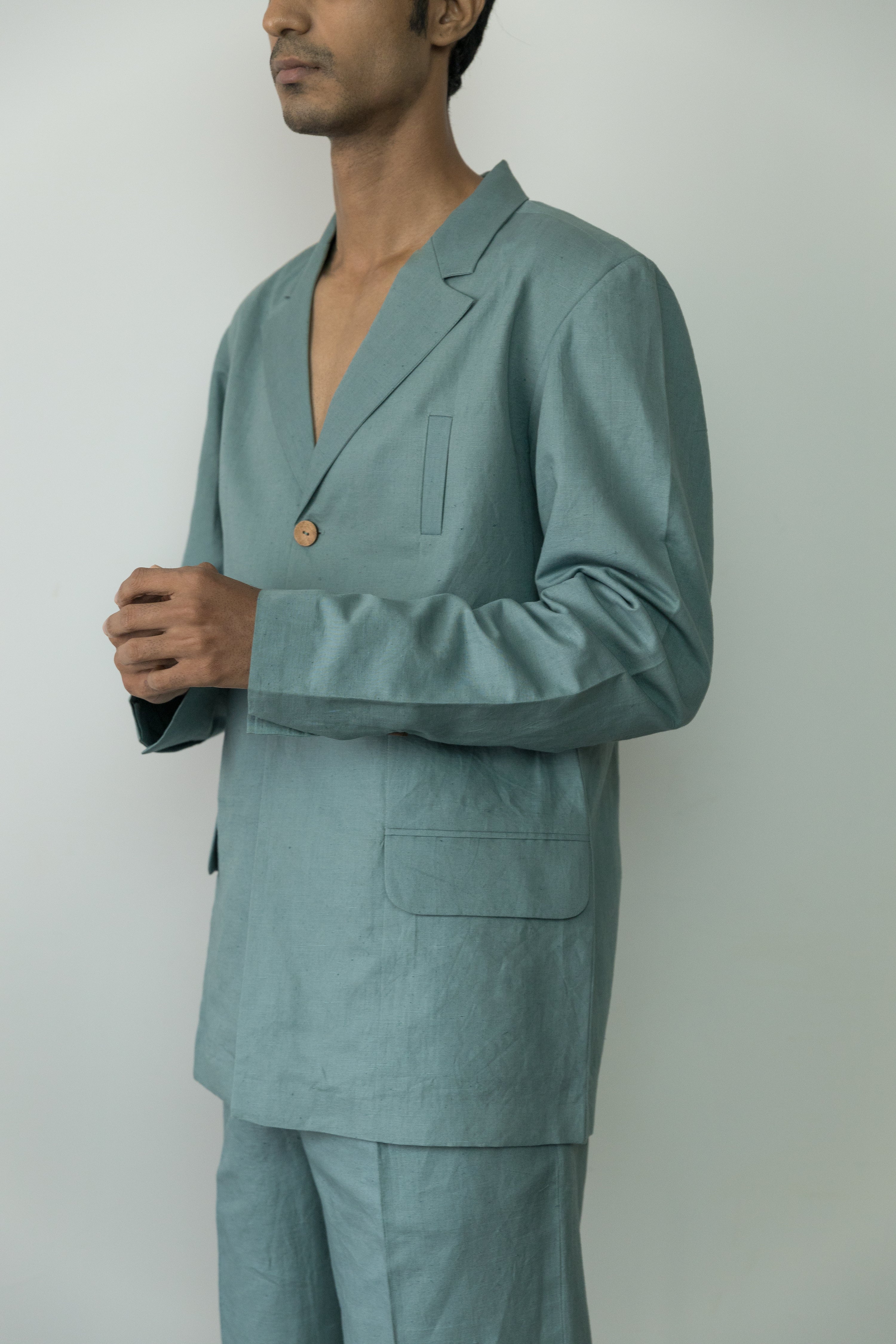 Blue Blazer by Anushé Pirani with Blazers, Blue, Casual Wear, Console Collection List, Cotton, Cotton Hemp, Handwoven, Hemp, Men Blazers, Men Overlays, Menswear, Regular Fit, Review September 2025, Shibumi by Anushe Pirani, Solids, Winter Products at in.kamakhyaa.com for sustainable fashion
