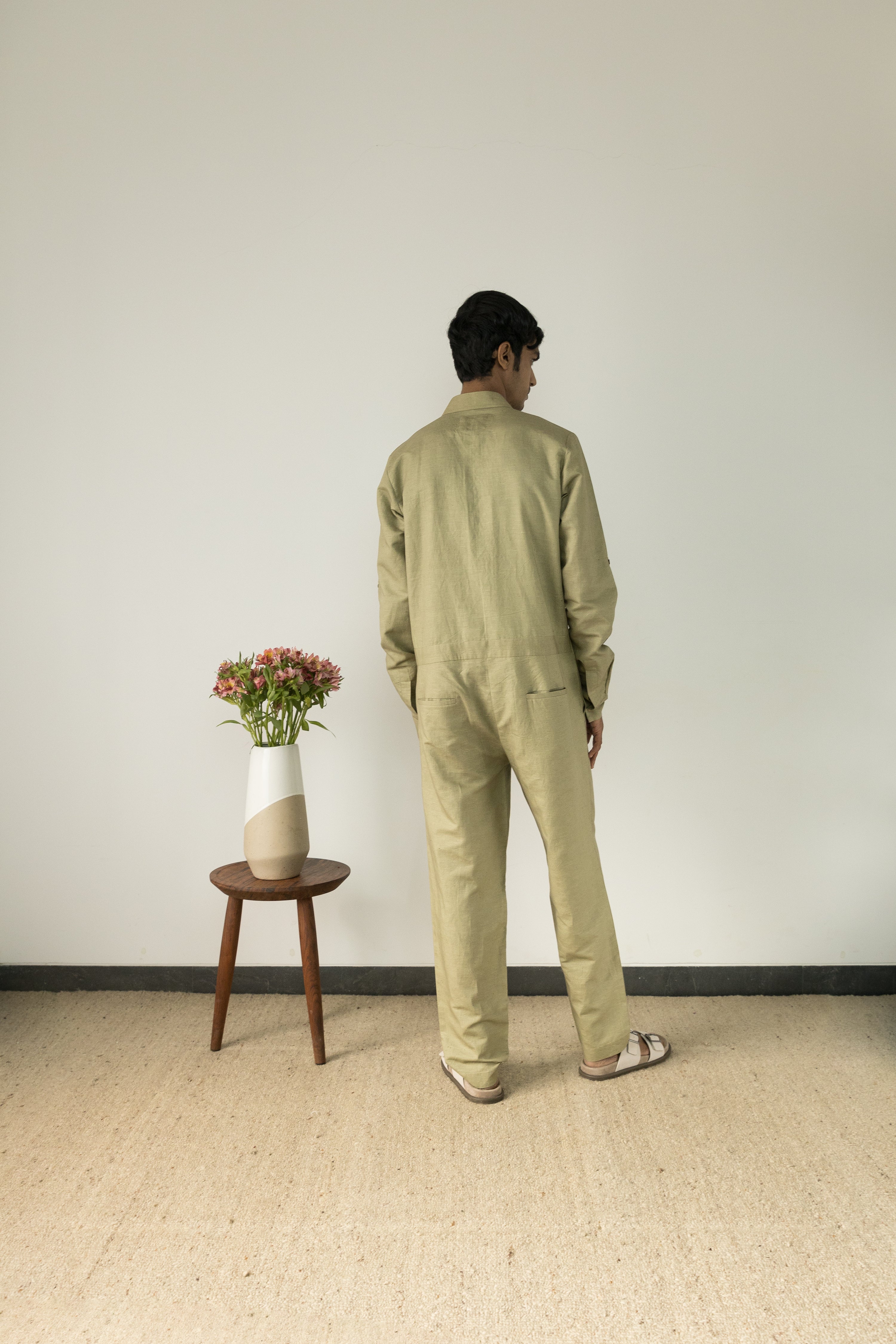 Green Cotton Jumpsuit by Anushé Pirani with Casual Wear, Console Collection List, Cotton, Cotton Hemp, For Him, Green, Handwoven, Hemp, Jumpsuits, Menswear, Relaxed Fit, Review September 2025, Shibumi by Anushe Pirani, Solids, Unisex at in.kamakhyaa.com for sustainable fashion