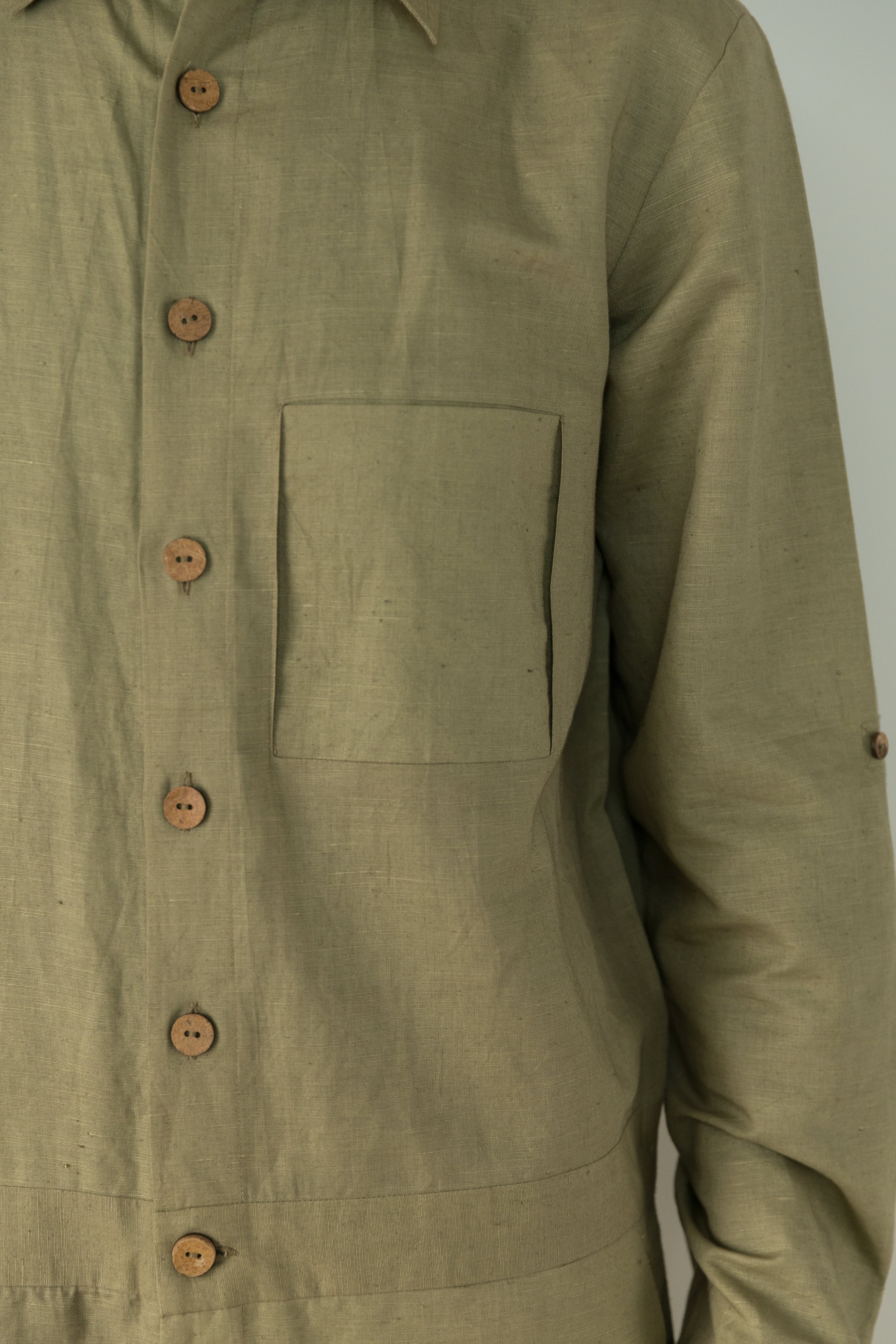Green Cotton Jumpsuit by Anushé Pirani with Casual Wear, Console Collection List, Cotton, Cotton Hemp, For Him, Green, Handwoven, Hemp, Jumpsuits, Menswear, Relaxed Fit, Review September 2025, Shibumi by Anushe Pirani, Solids, Unisex at in.kamakhyaa.com for sustainable fashion