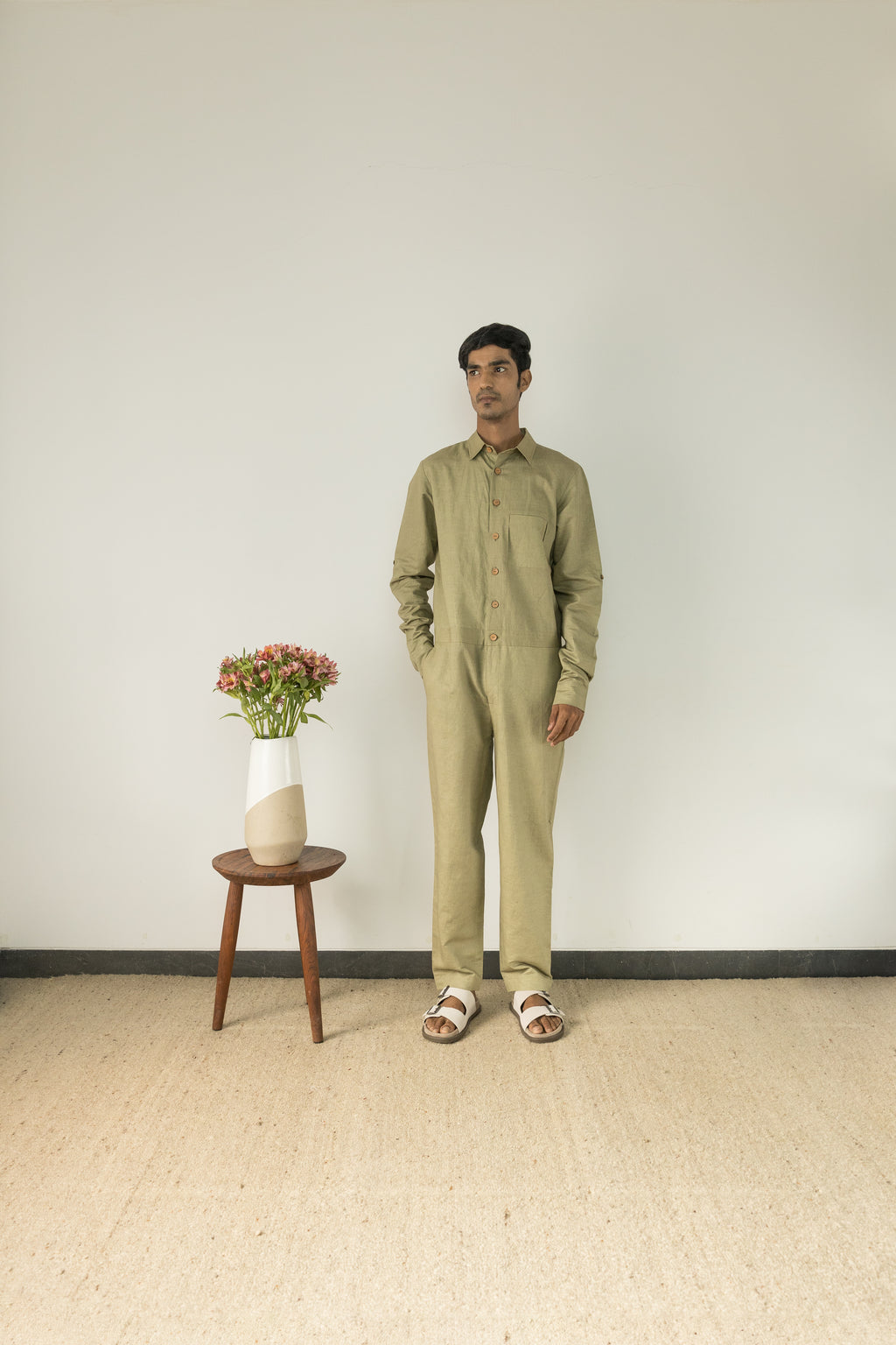 Green Cotton Jumpsuit by Anushé Pirani with Casual Wear, Console Collection List, Cotton, Cotton Hemp, For Him, Green, Handwoven, Hemp, Jumpsuits, Menswear, Relaxed Fit, Review September 2025, Shibumi by Anushe Pirani, Solids, Unisex at in.kamakhyaa.com for sustainable fashion