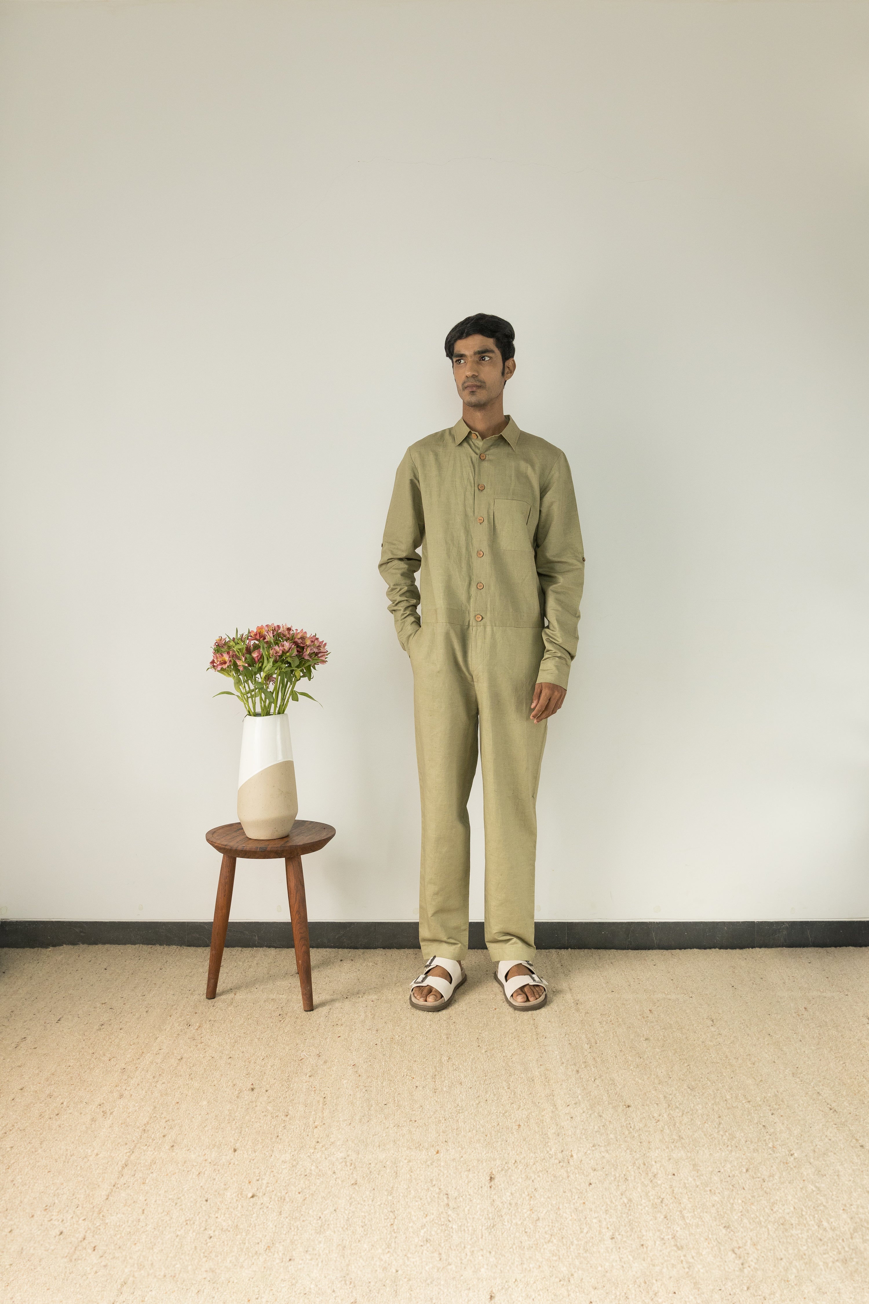 Green Cotton Jumpsuit by Anushé Pirani with Casual Wear, Console Collection List, Cotton, Cotton Hemp, For Him, Green, Handwoven, Hemp, Jumpsuits, Menswear, Relaxed Fit, Review September 2025, Shibumi by Anushe Pirani, Solids, Unisex at in.kamakhyaa.com for sustainable fashion