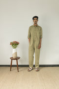 Green Cotton Jumpsuit by Anushé Pirani with Casual Wear, Console Collection List, Cotton, Cotton Hemp, For Him, Green, Handwoven, Hemp, Jumpsuits, Menswear, Relaxed Fit, Review September 2025, Shibumi by Anushe Pirani, Solids, Unisex at in.kamakhyaa.com for sustainable fashion