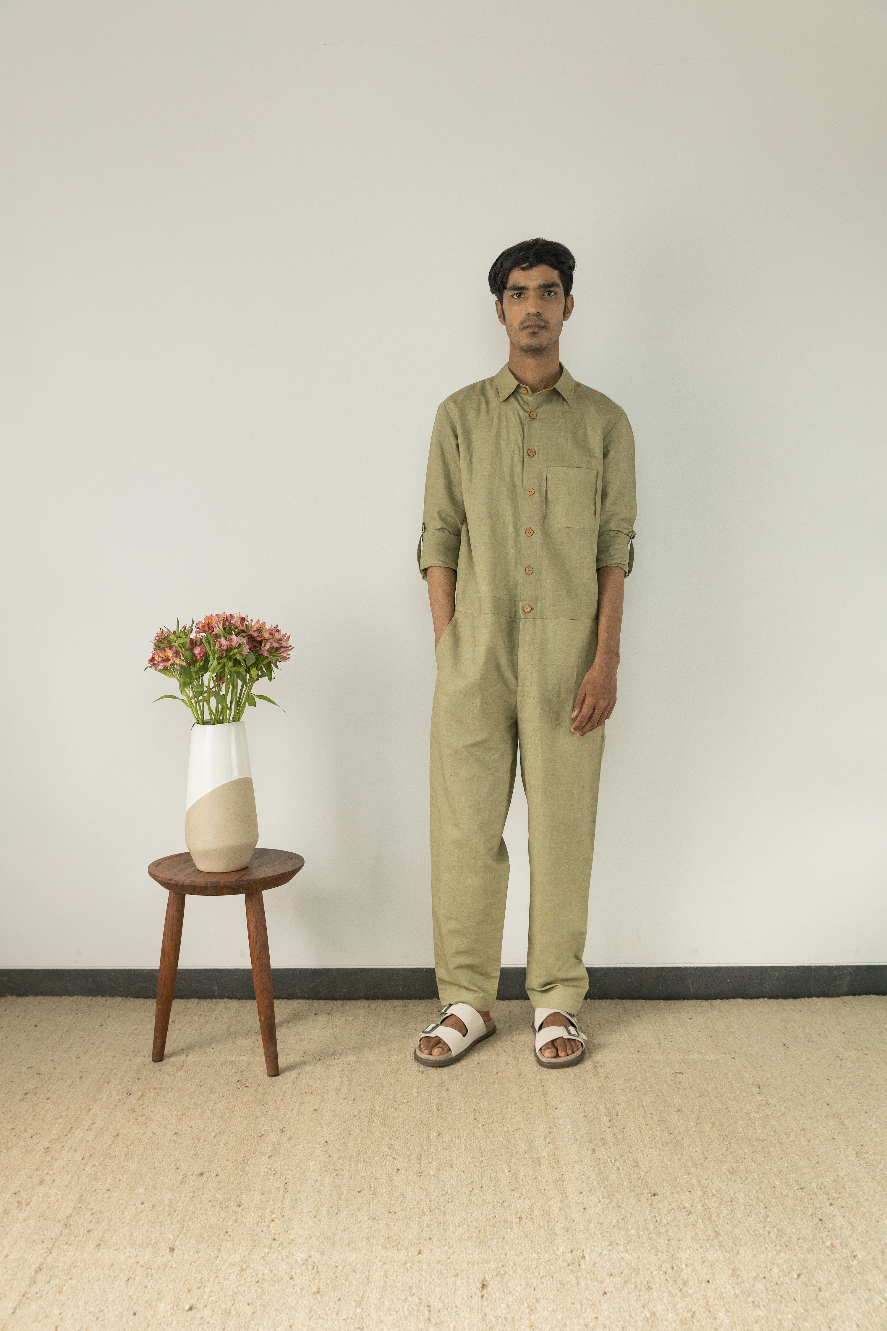 Green Cotton Jumpsuit by Anushé Pirani with Casual Wear, Console Collection List, Cotton, Cotton Hemp, For Him, Green, Handwoven, Hemp, Jumpsuits, Menswear, Relaxed Fit, Review September 2025, Shibumi by Anushe Pirani, Solids, Unisex at in.kamakhyaa.com for sustainable fashion