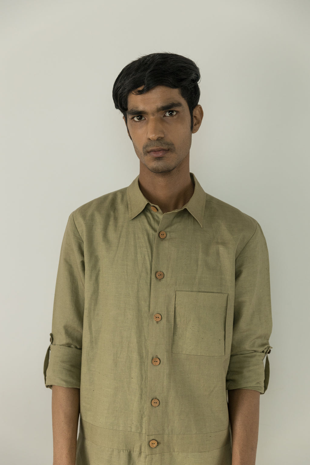 Green Cotton Jumpsuit by Anushé Pirani with Casual Wear, Console Collection List, Cotton, Cotton Hemp, For Him, Green, Handwoven, Hemp, Jumpsuits, Menswear, Relaxed Fit, Review September 2025, Shibumi by Anushe Pirani, Solids, Unisex at in.kamakhyaa.com for sustainable fashion
