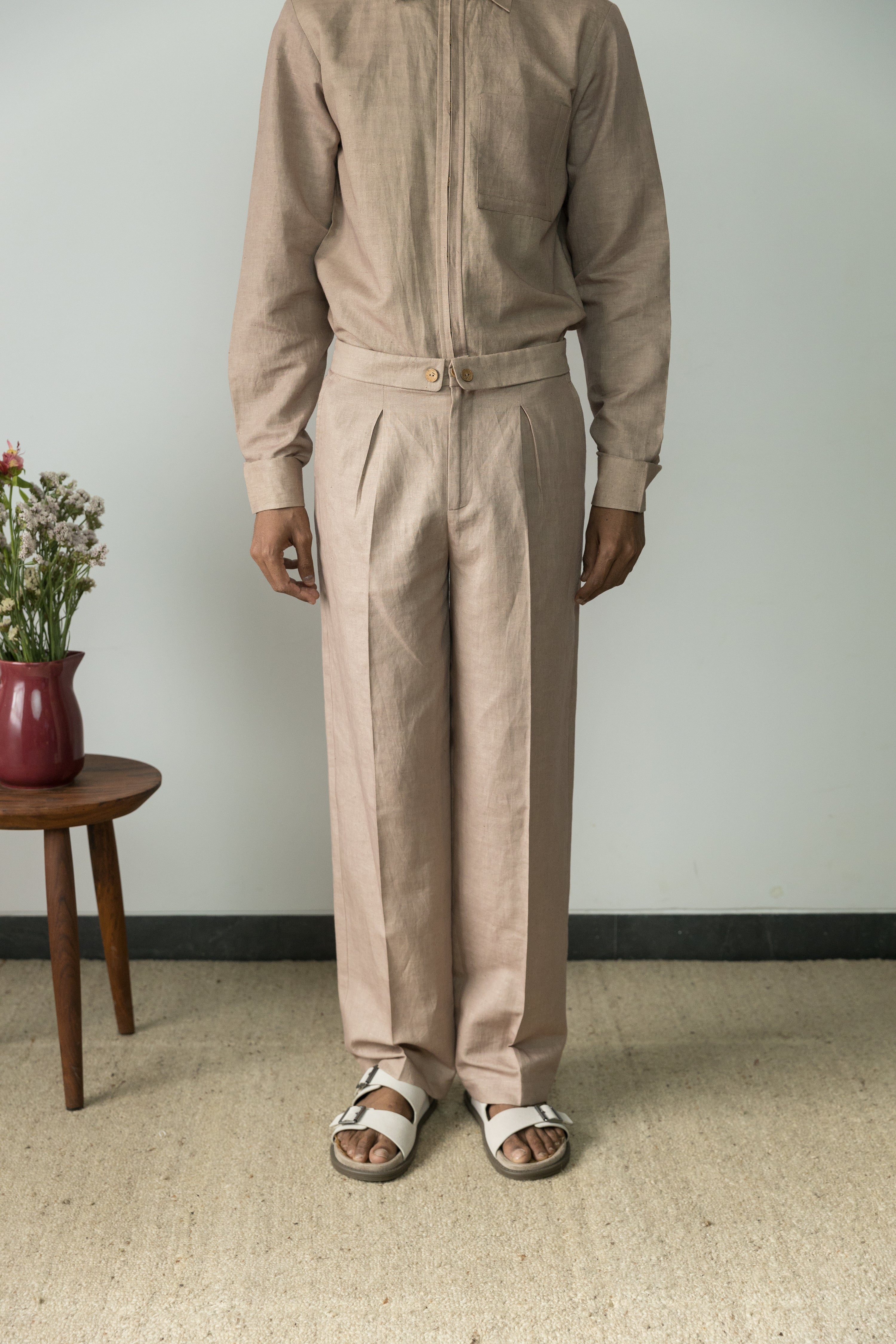 Straight-Leg Beige Pants by Anushé Pirani with Blue, Casual Wear, Console Collection List, Cotton, Cotton Hemp, For Him, Handwoven, Hemp, Men Bottoms, Men Pants, Menswear, Regular Fit, Review September 2025, Shibumi by Anushe Pirani, Solids at in.kamakhyaa.com for sustainable fashion