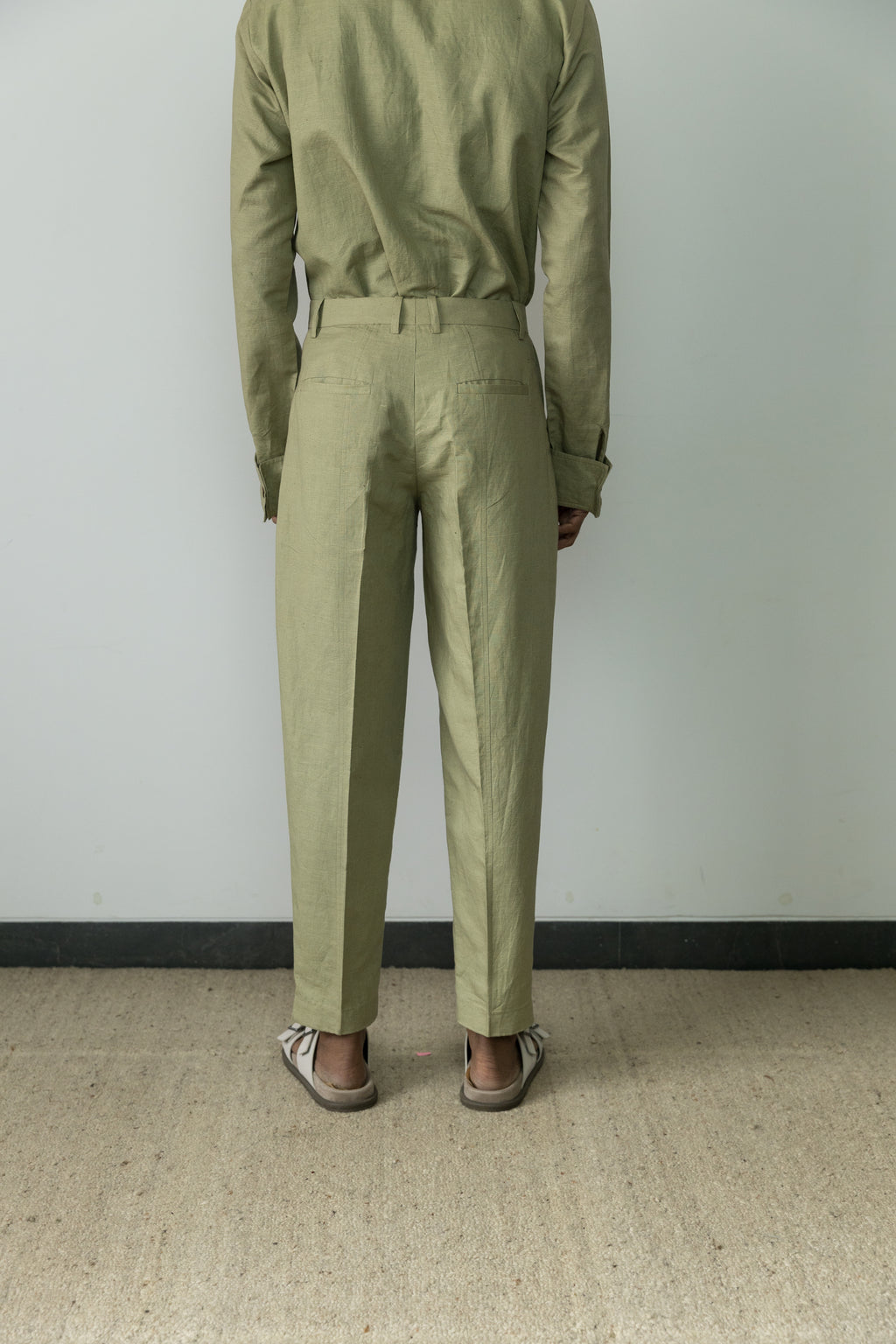 Moss Green Casual Pants by Anushé Pirani with Beige, Birthday Collection, Casual Wear, Console Collection List, Cotton, Cotton Hemp, For Him, Handwoven, Hemp, Men Bottoms, Men Pants, Menswear, Relaxed Fit, Review September 2025, Shibumi by Anushe Pirani, Solids at in.kamakhyaa.com for sustainable fashion